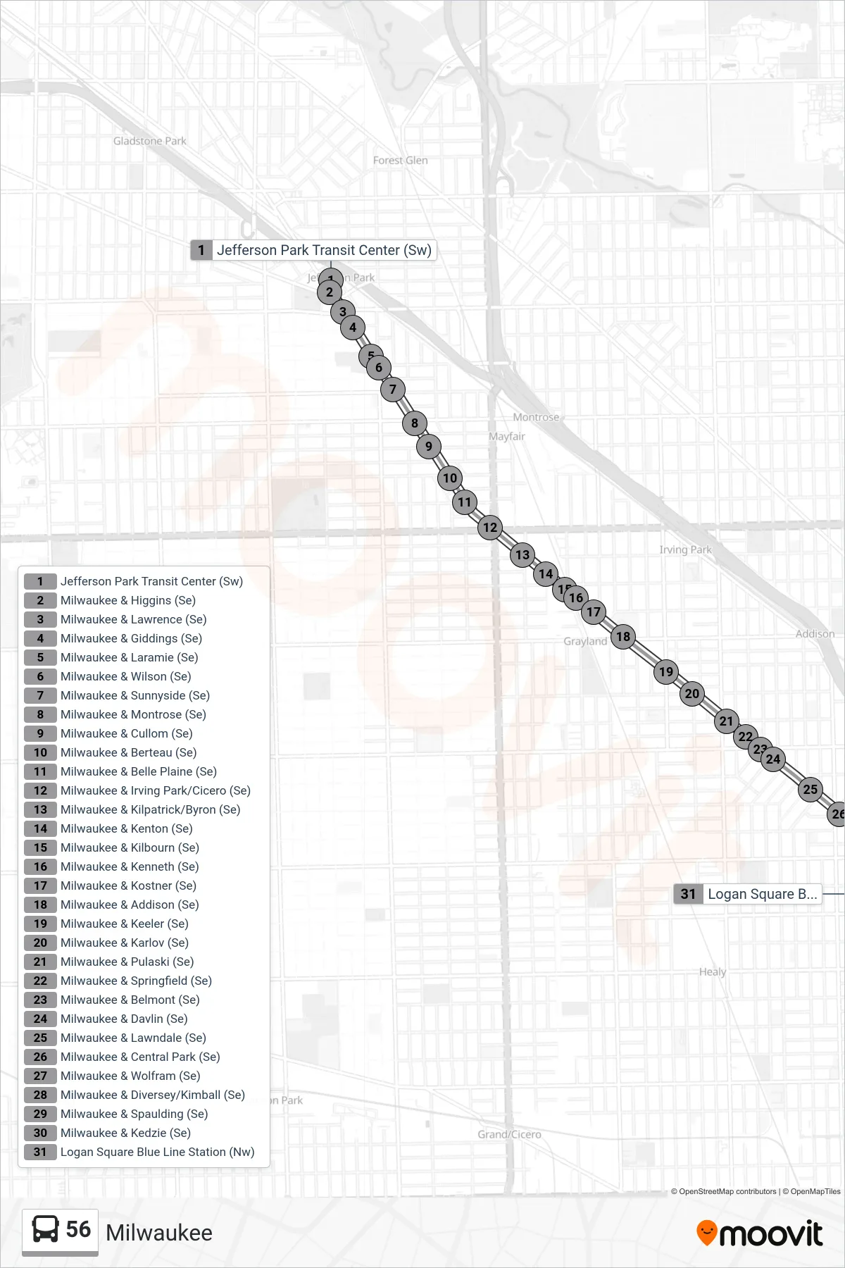 56 bus Line (Logan Square Blue Line Station (Nw)) route and stops on a map
