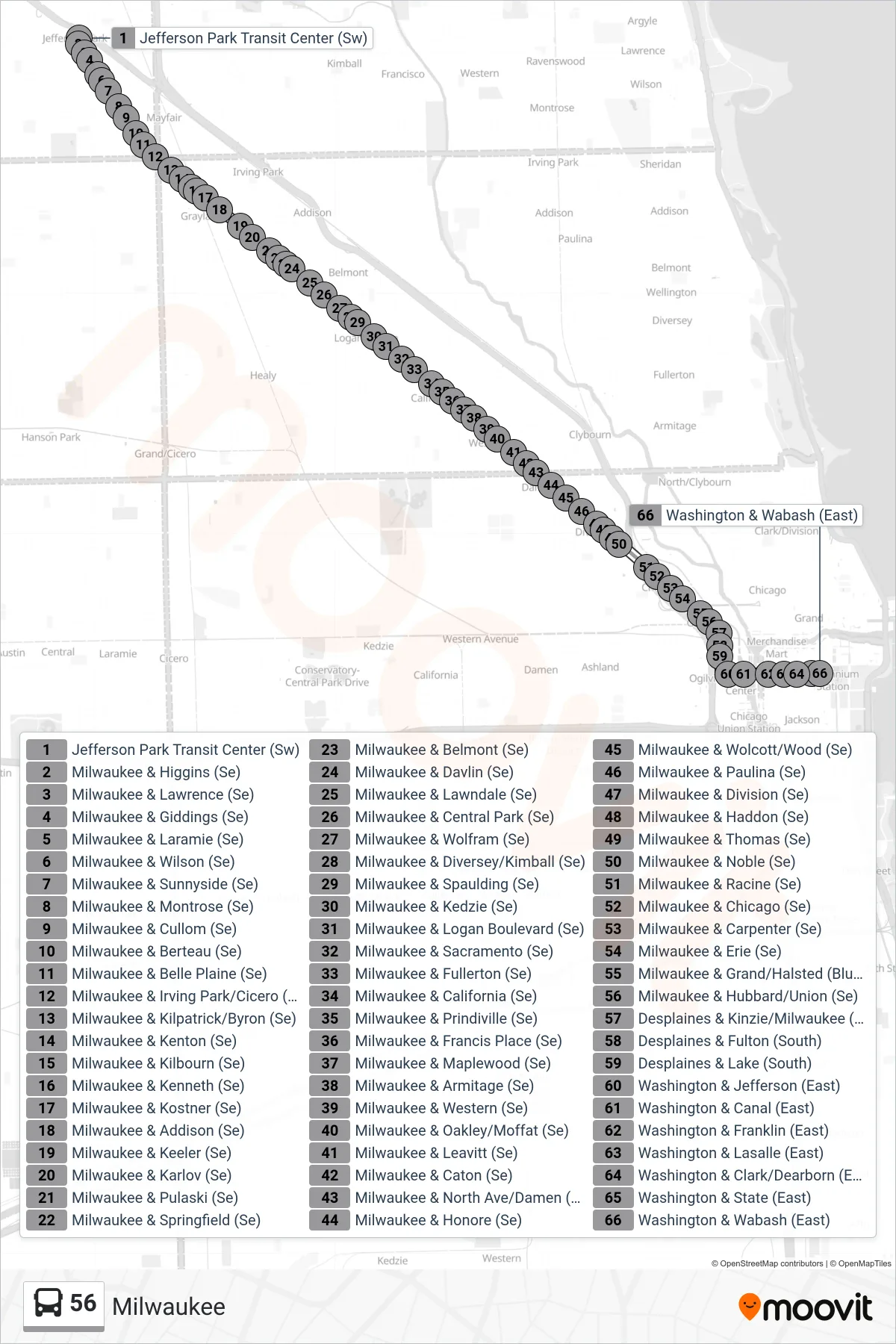 56 bus Line (Washington & Wabash (East)) route and stops on a map