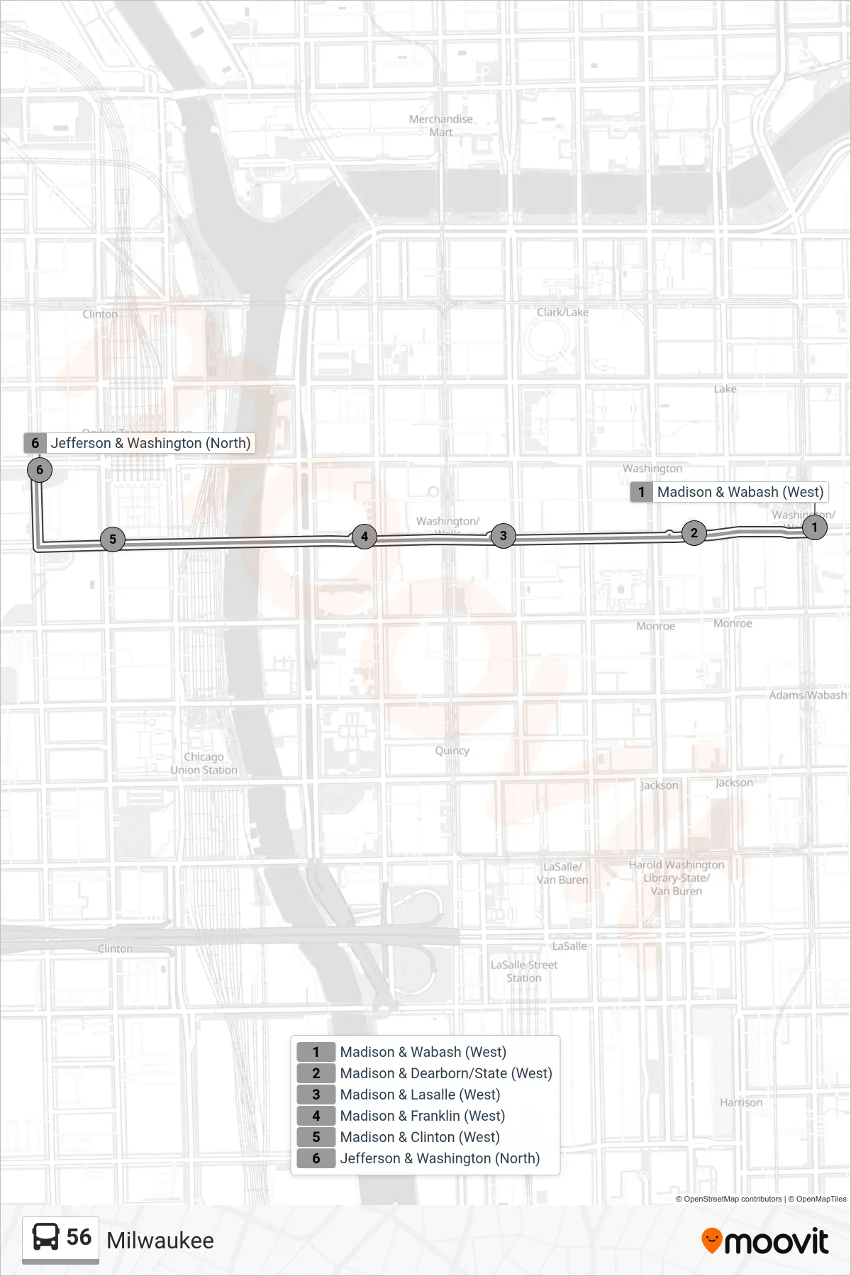 56 bus Line (Jefferson & Washington (North)) route and stops on a map