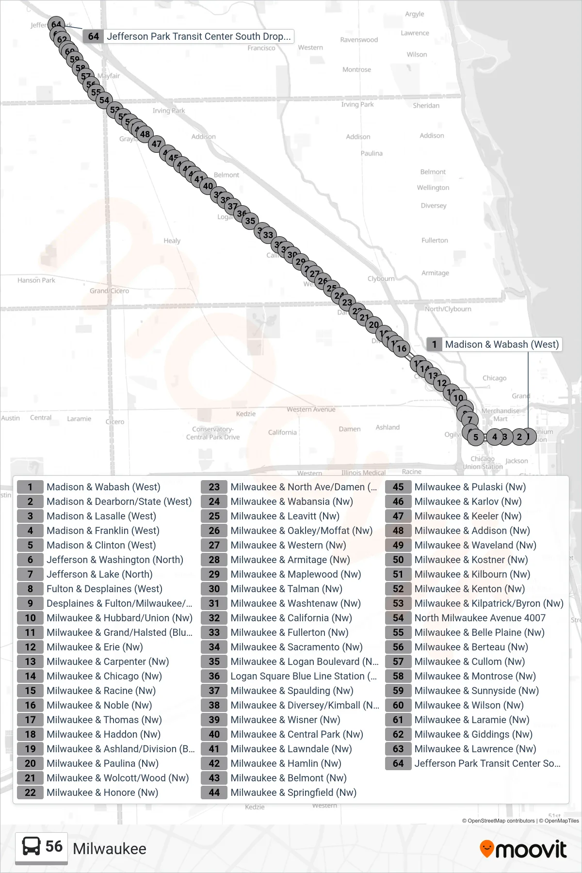 56 bus Line (Jefferson Park Transit Center (Sw)) route and stops on a map
