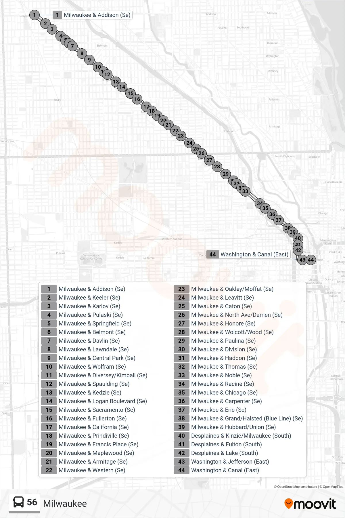 56 bus Line (Washington & Canal (East)) route and stops on a map