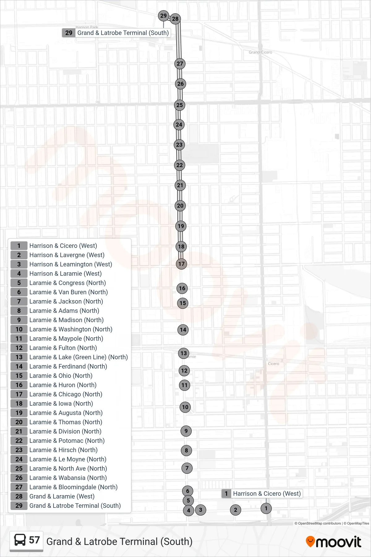57 bus Line (Grand & Latrobe Terminal (South)) route and stops on a map