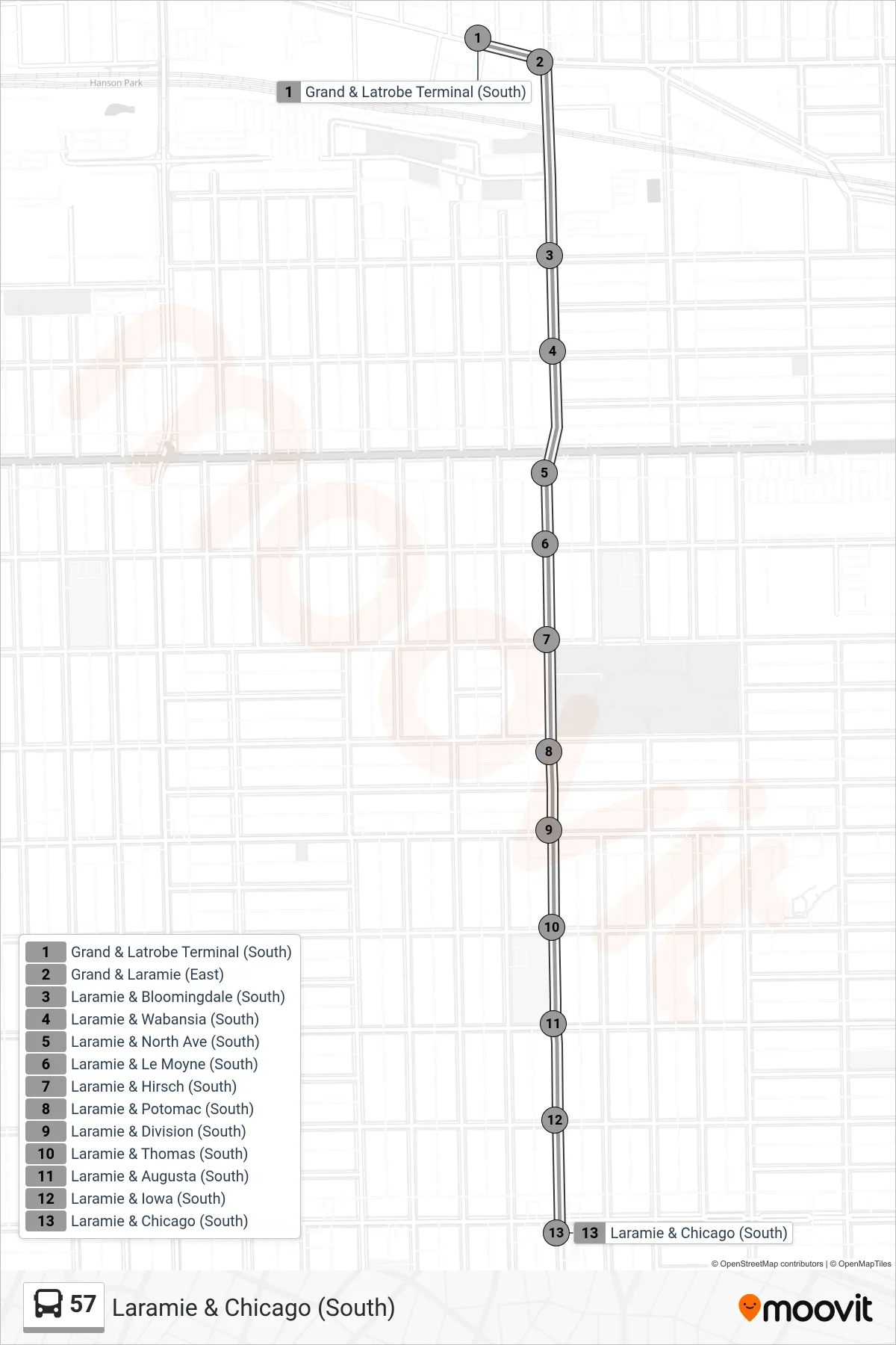 57 bus Line (Laramie & Chicago (South)) route and stops on a map