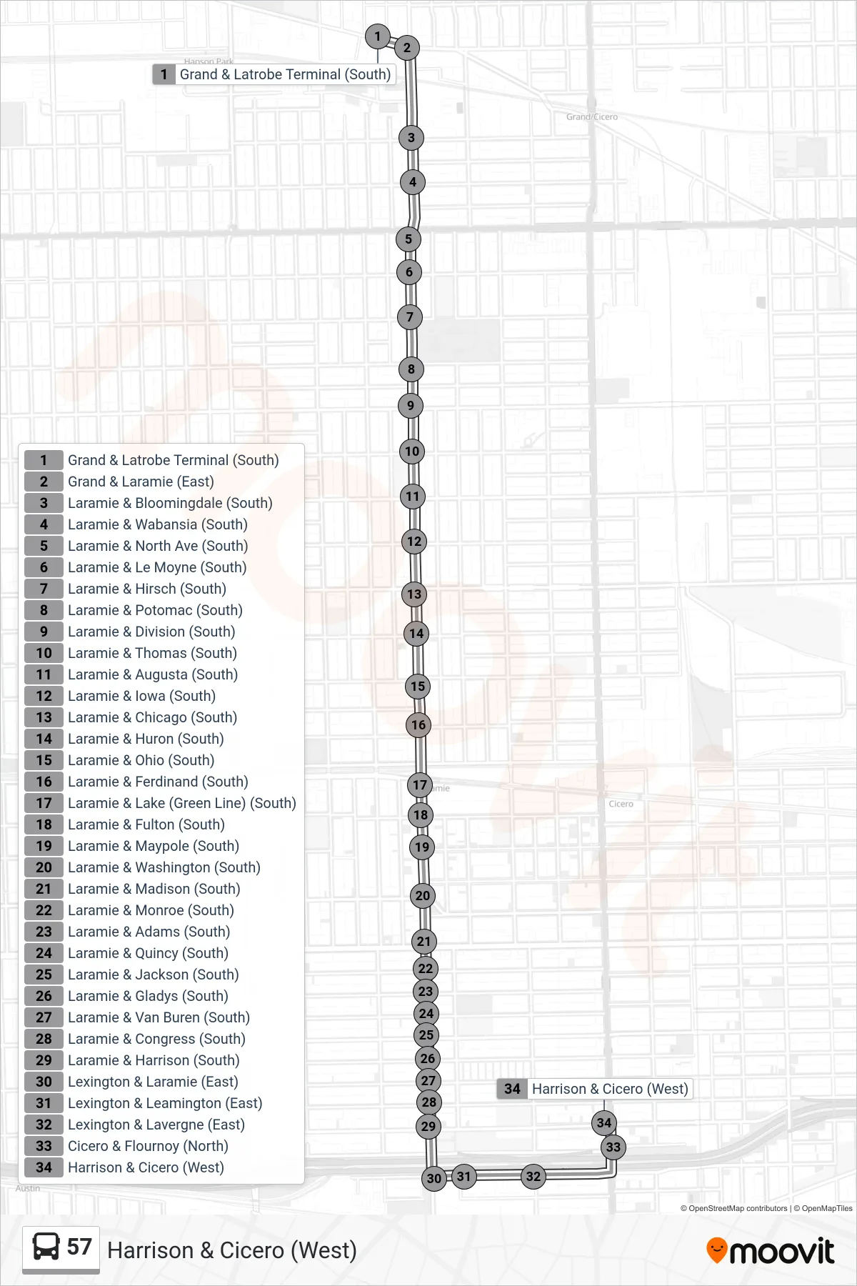 57 bus Line (Harrison & Cicero (West)) route and stops on a map