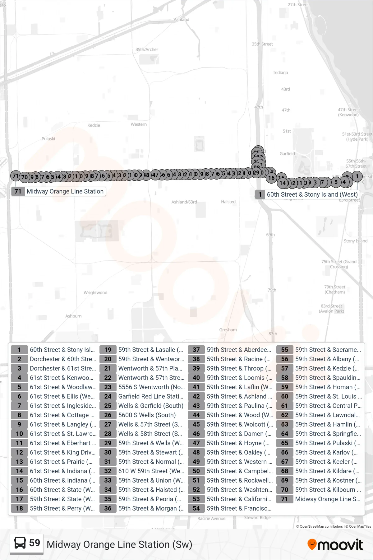 59 bus Line (Midway Orange Line Station (Sw)) route and stops on a map