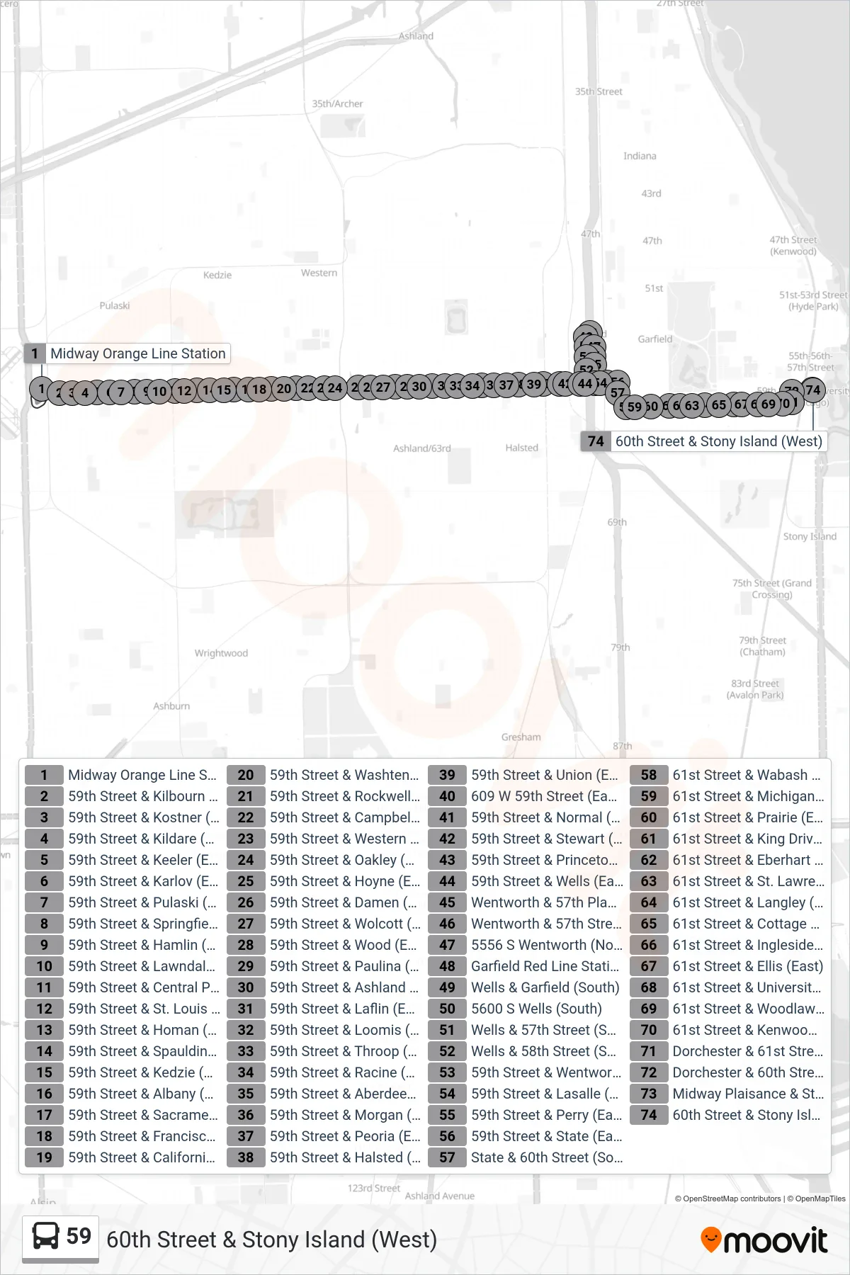 59 bus Line (60th Street & Stony Island (West)) route and stops on a map