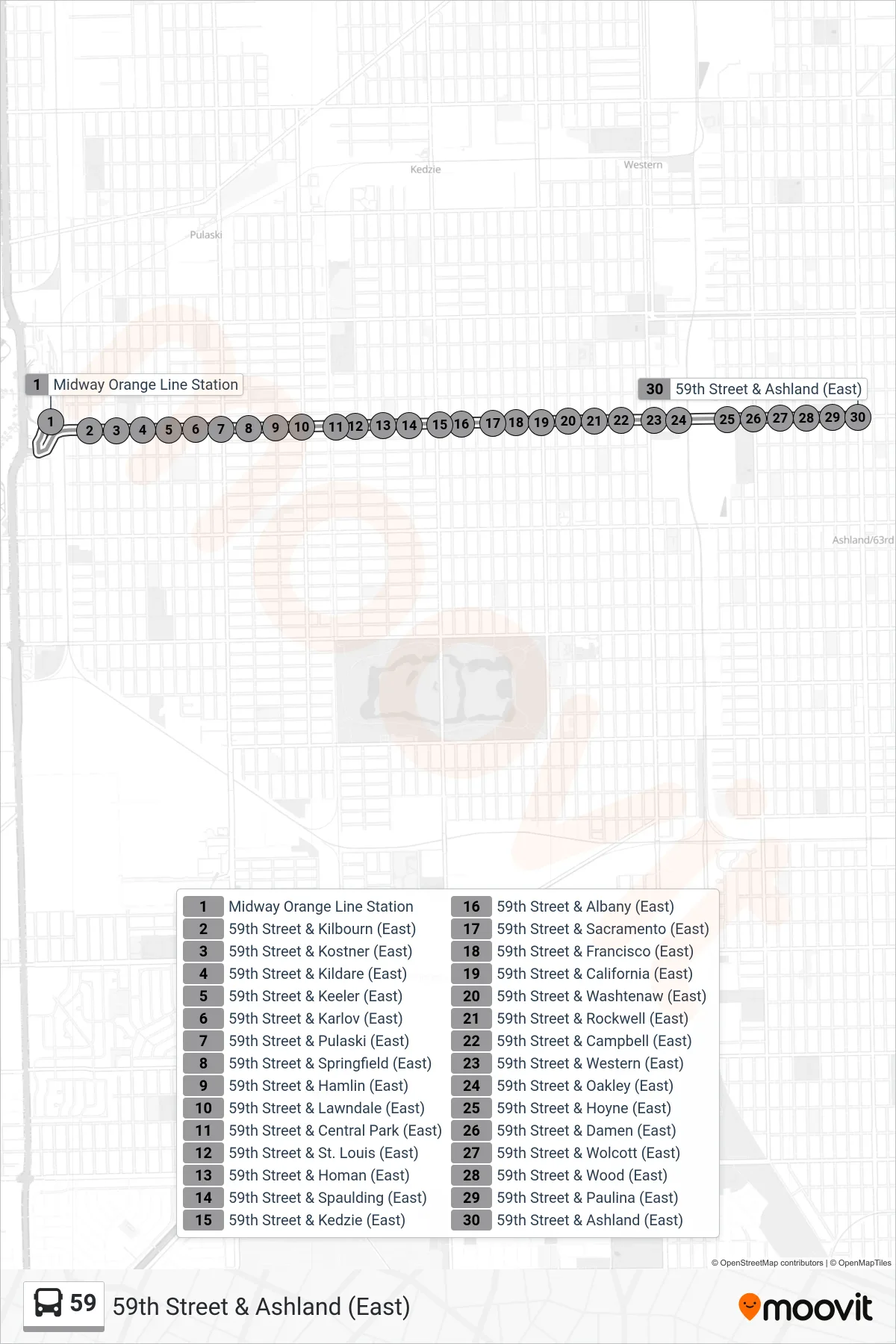 59 bus Line (59th Street & Ashland (East)) route and stops on a map