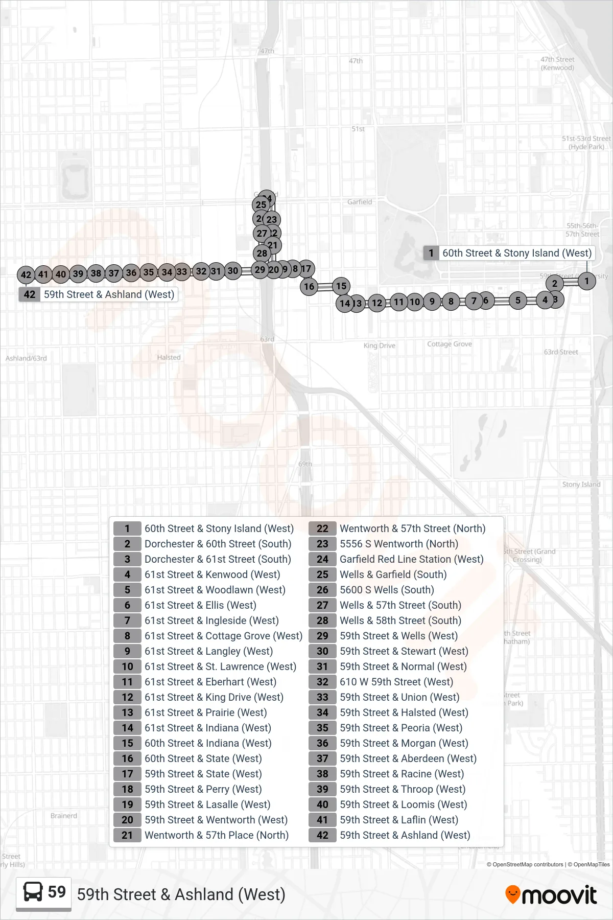 59 bus Line (59th Street & Ashland (West)) route and stops on a map