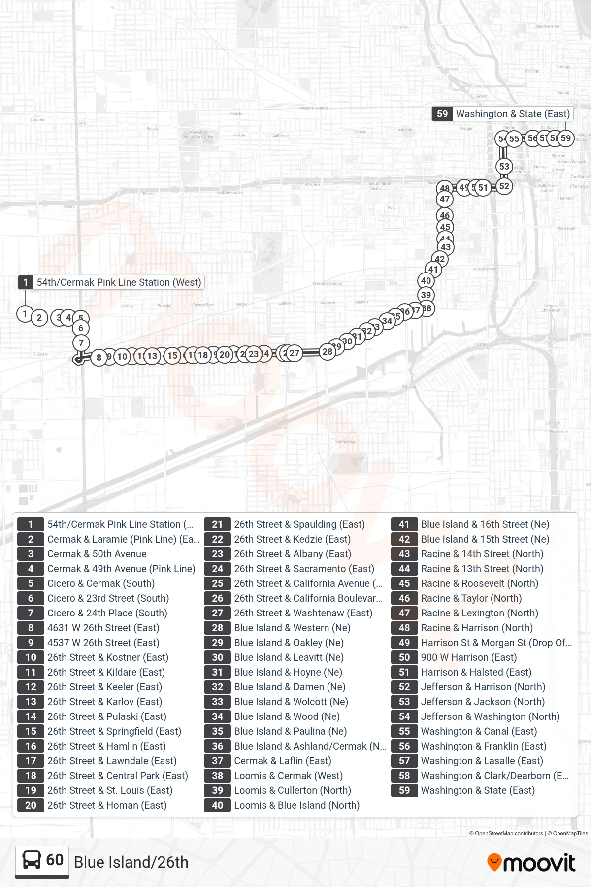 60 bus Line (Washington & State (East)) route and stops on a map