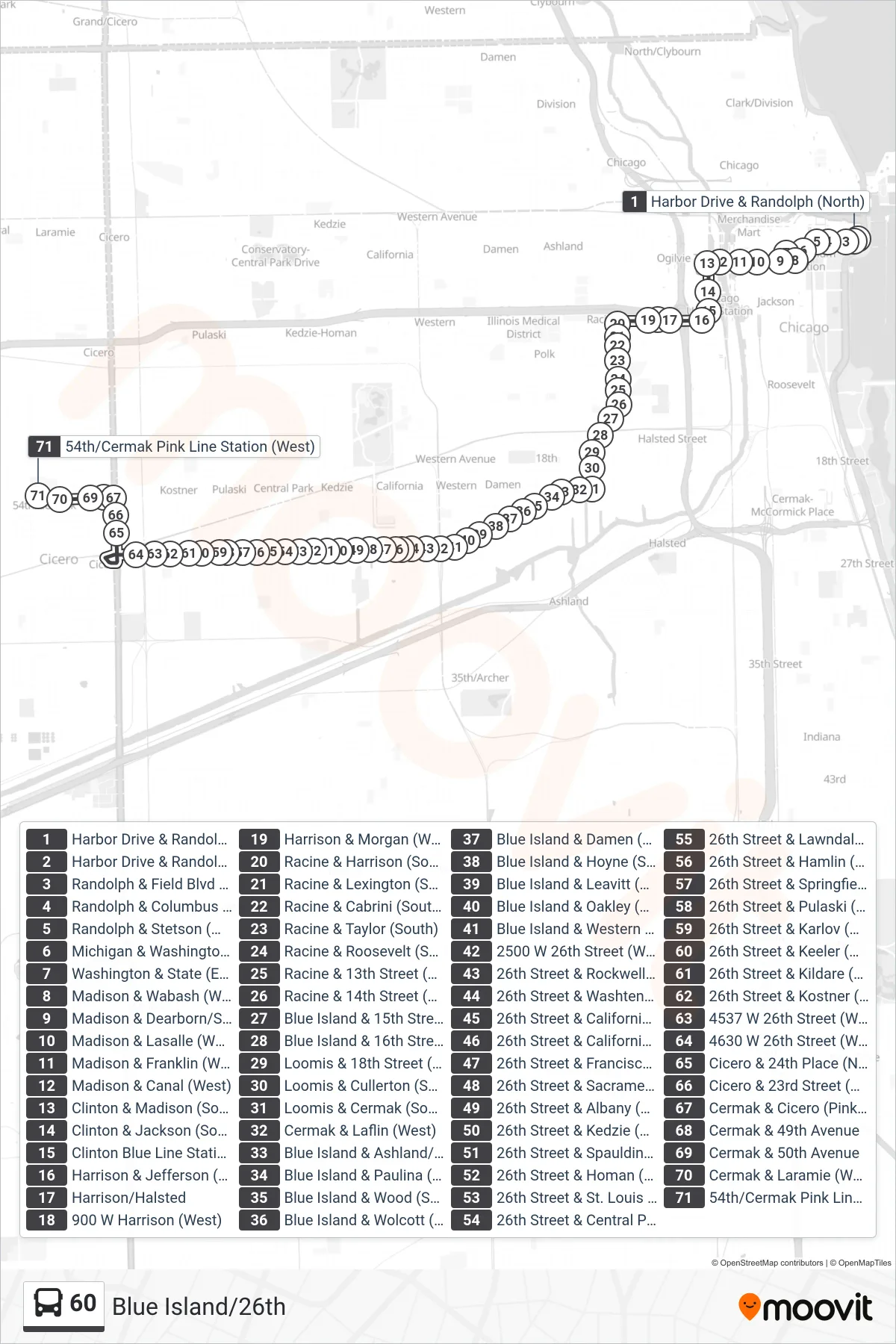 60 bus Line (54th/Cermak Pink Line Station (West)) route and stops on a map