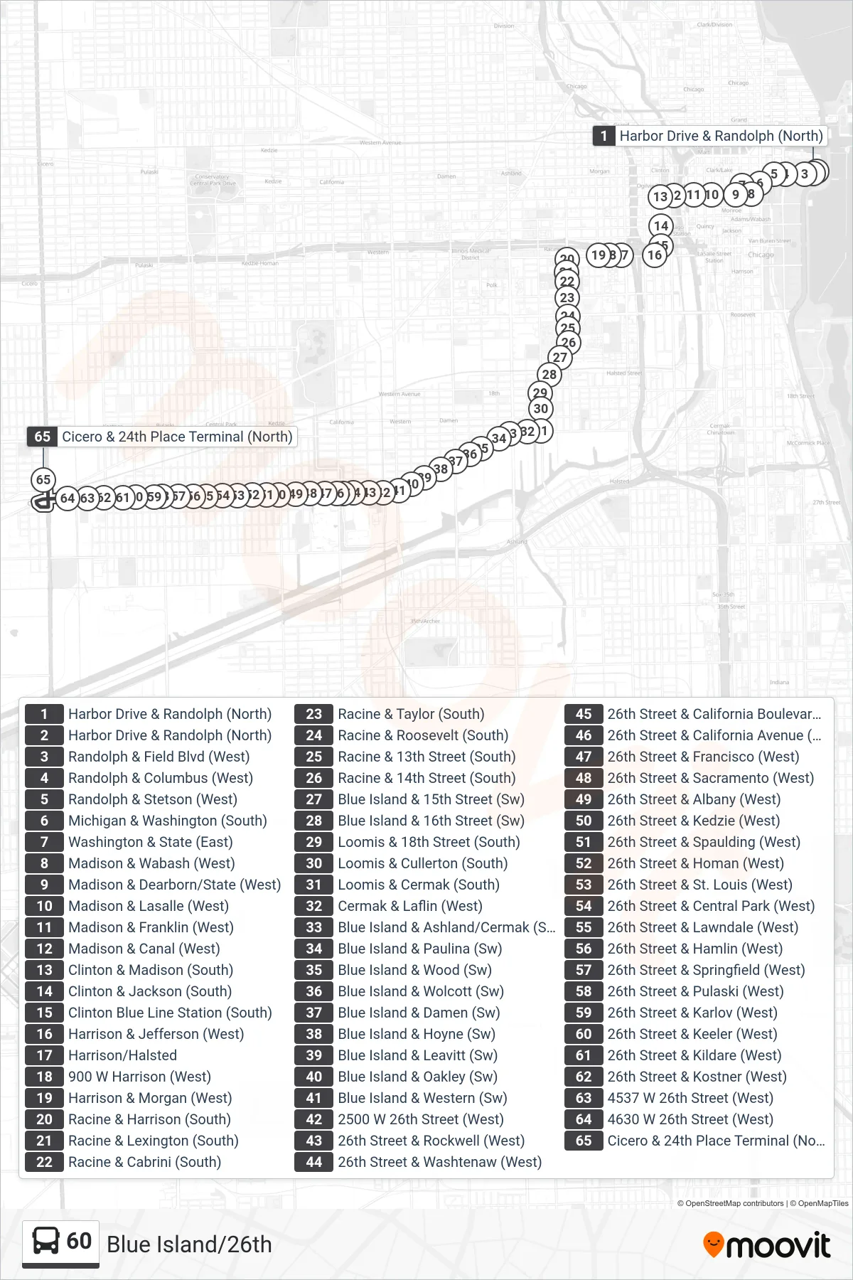 60 bus Line (Cicero & 24th Place Terminal (North)) route and stops on a map