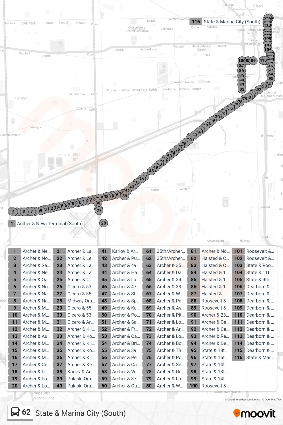 62 bus Line (State & Marina City (South)) route and stops on a map