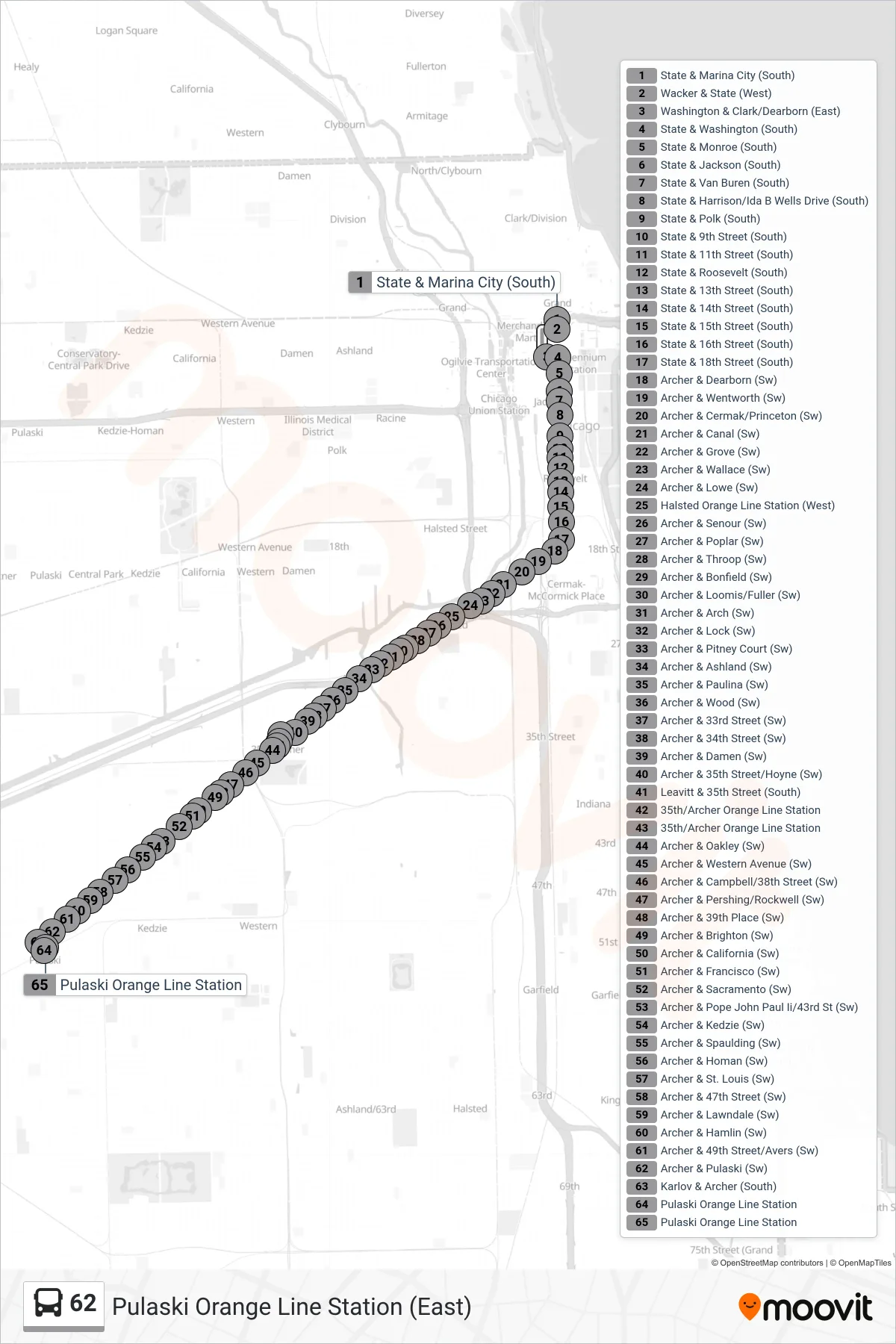 62 bus Line (Pulaski Orange Line Station (East)) route and stops on a map