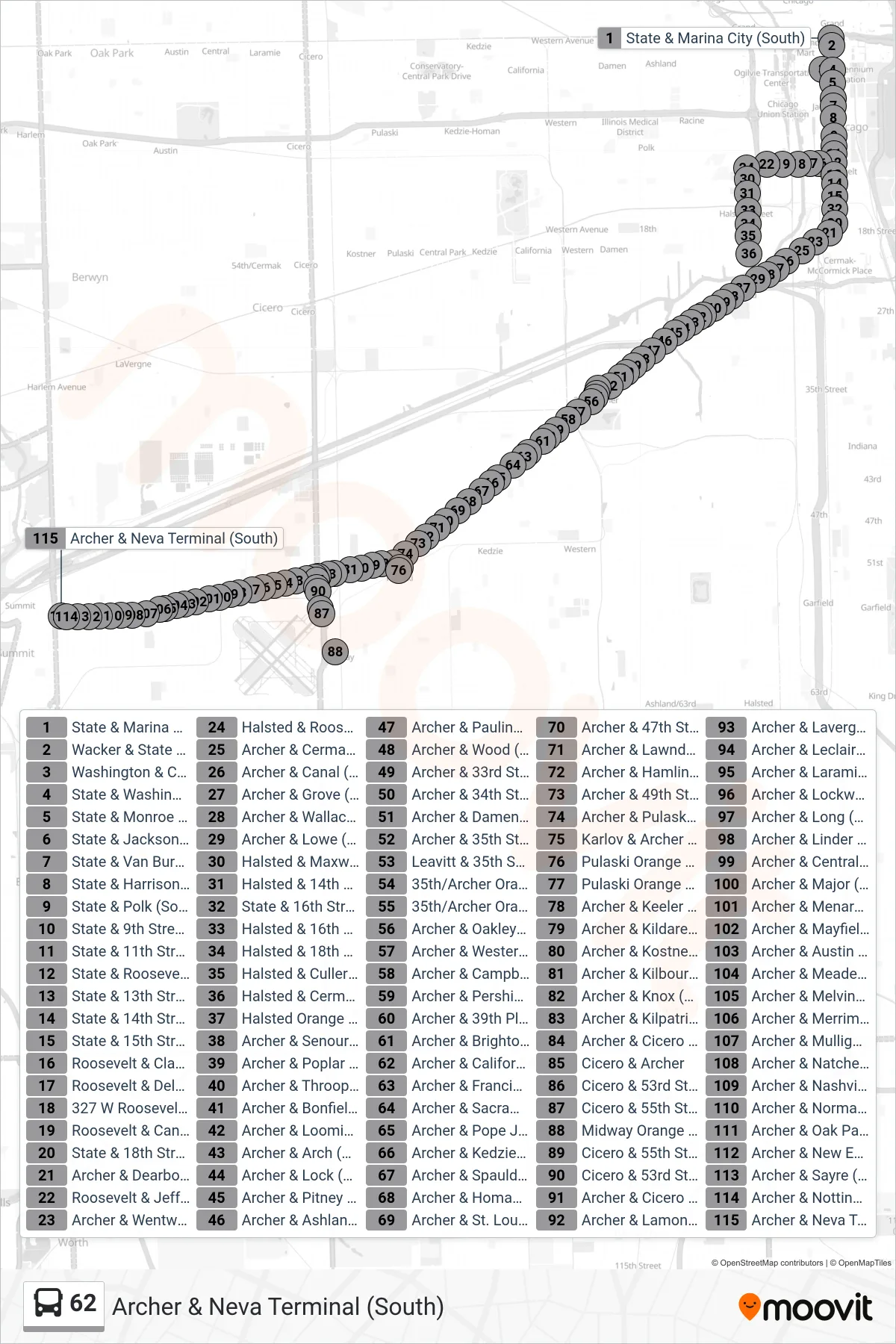 62 bus Line (Archer & Neva Terminal (South)) route and stops on a map