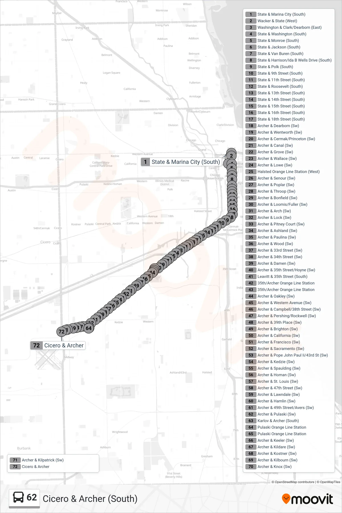 62 bus Line (Cicero & Archer (South)) route and stops on a map