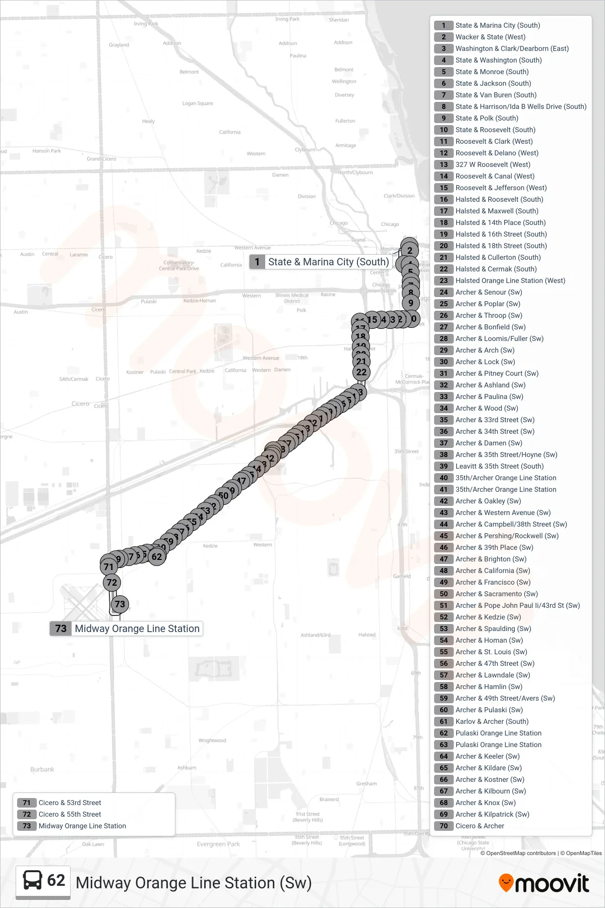 62 bus Line (Midway Orange Line Station (Sw)) route and stops on a map