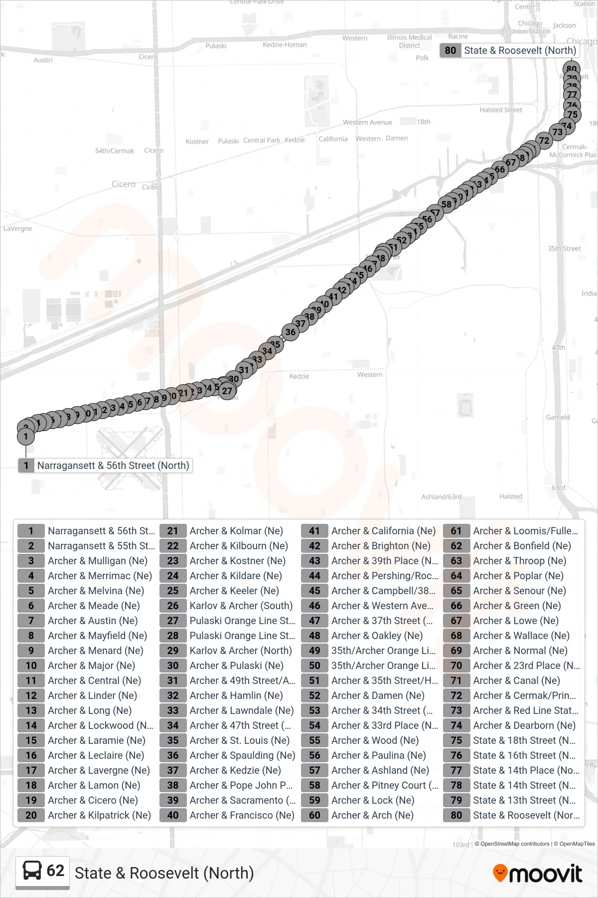 62 bus Line (State & Roosevelt (North)) route and stops on a map