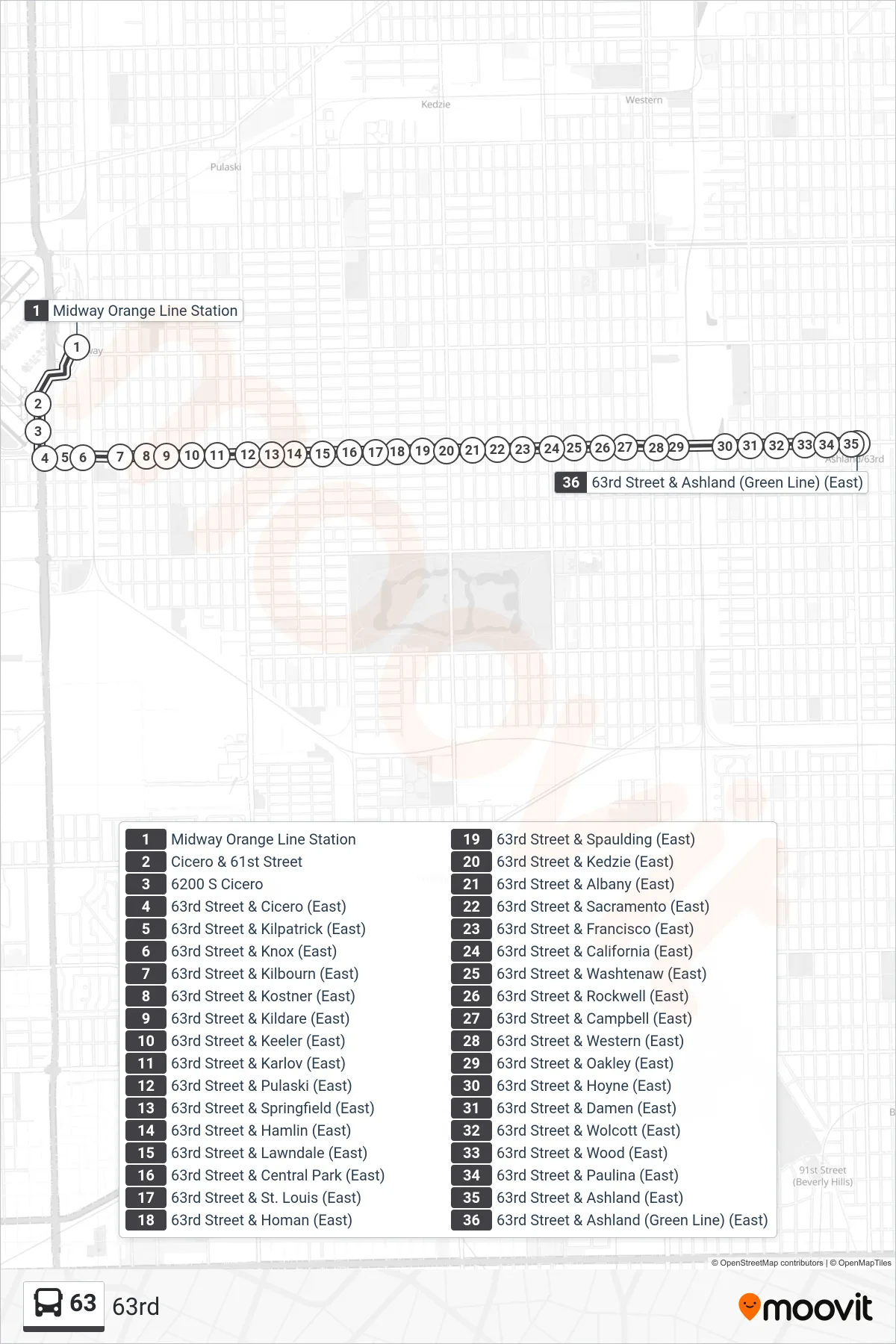 63 bus Line (63rd Street & Ashland (Green Line) (East)) route and stops on a map