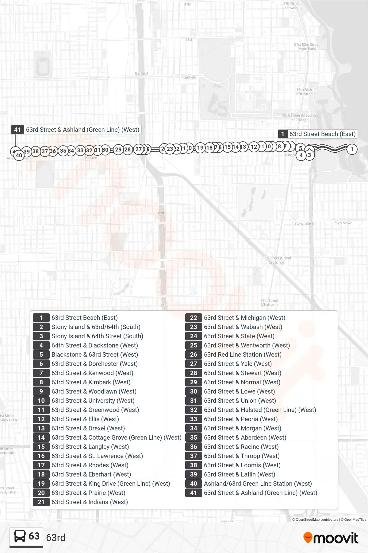 63 bus Line (63rd Street & Ashland (Green Line) (West)) route and stops on a map