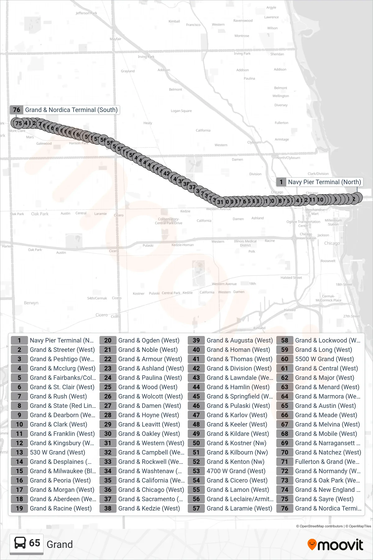 65 bus Line (Grand & Nordica Terminal (South)) route and stops on a map