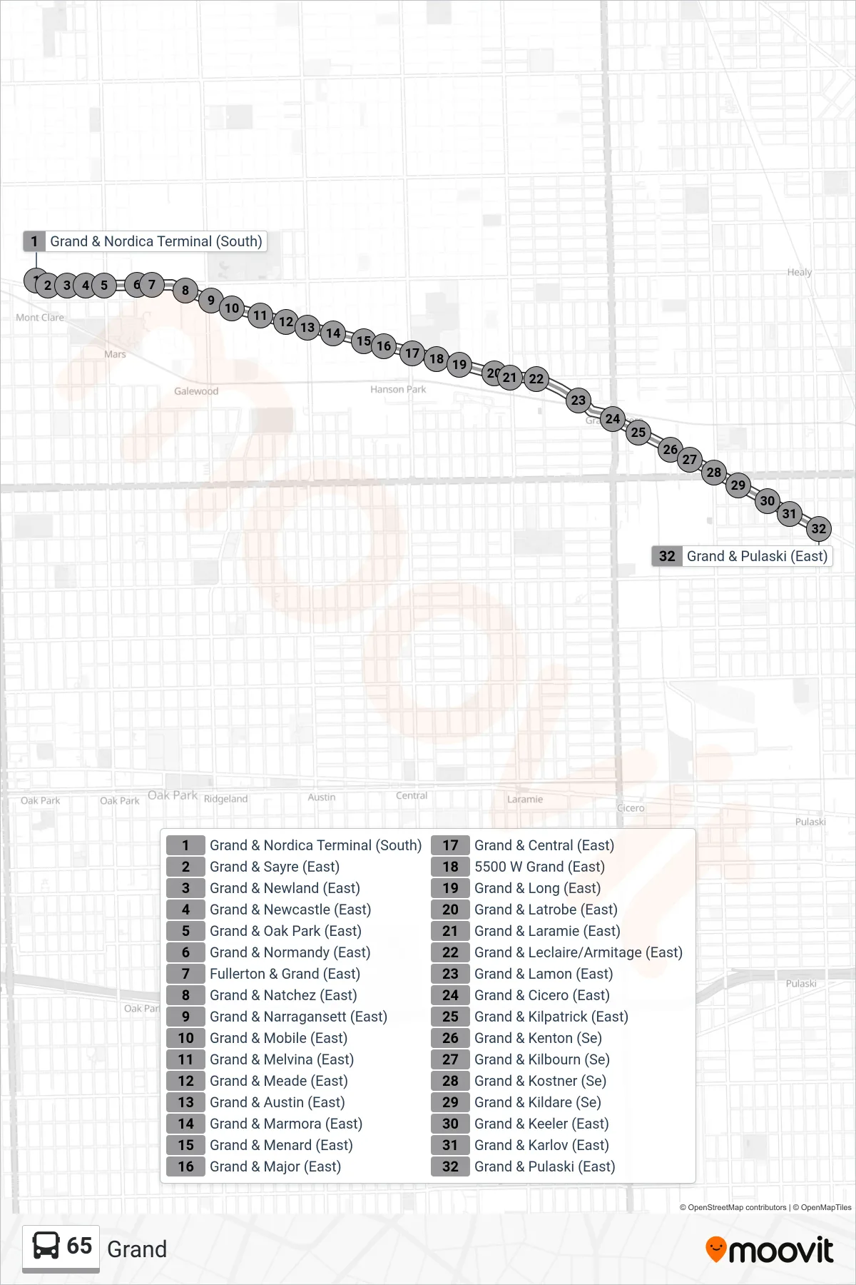 65 bus Line (Grand & Pulaski (East)) route and stops on a map