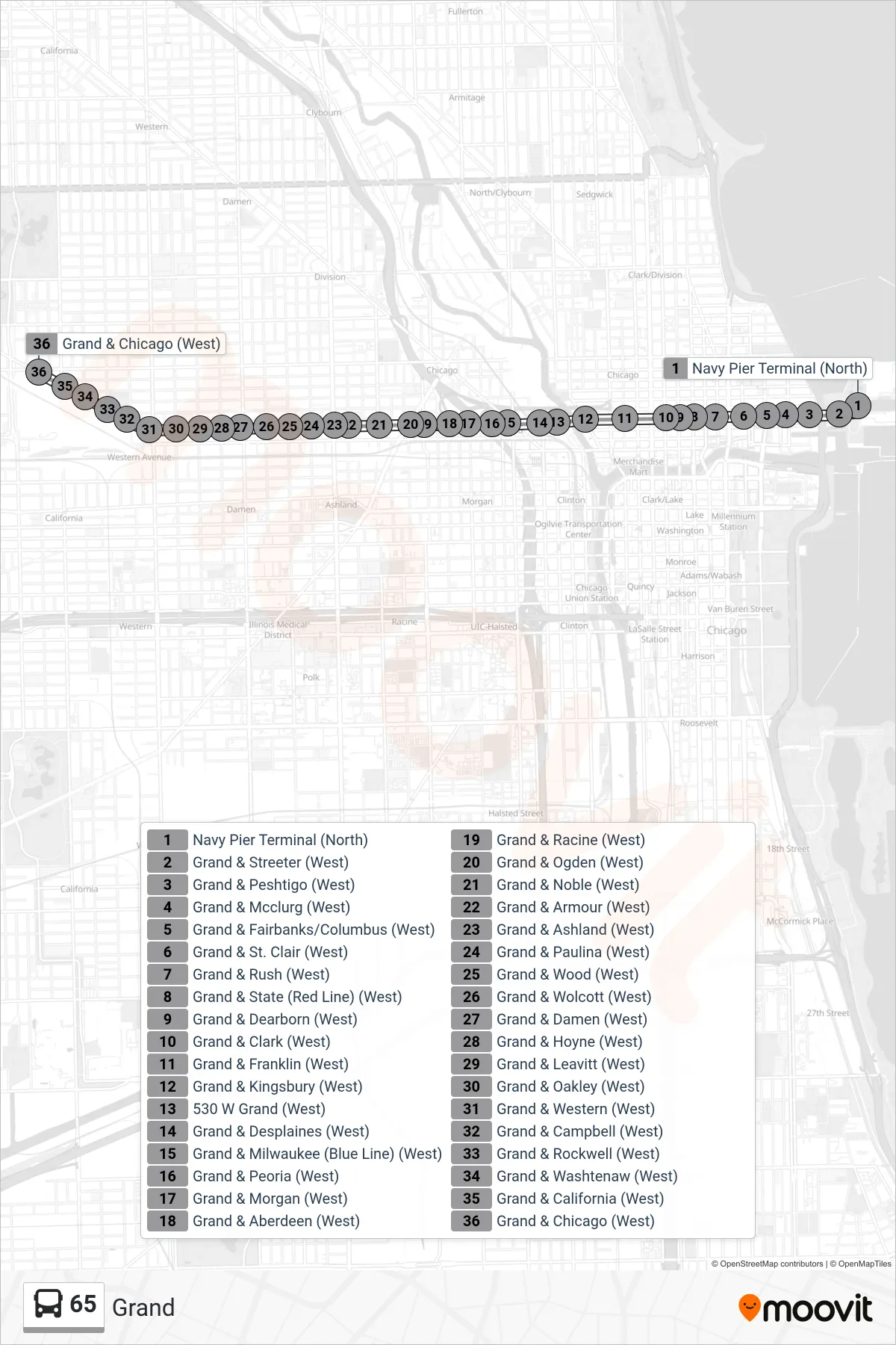 65 bus Line (Grand & Chicago (West)) route and stops on a map
