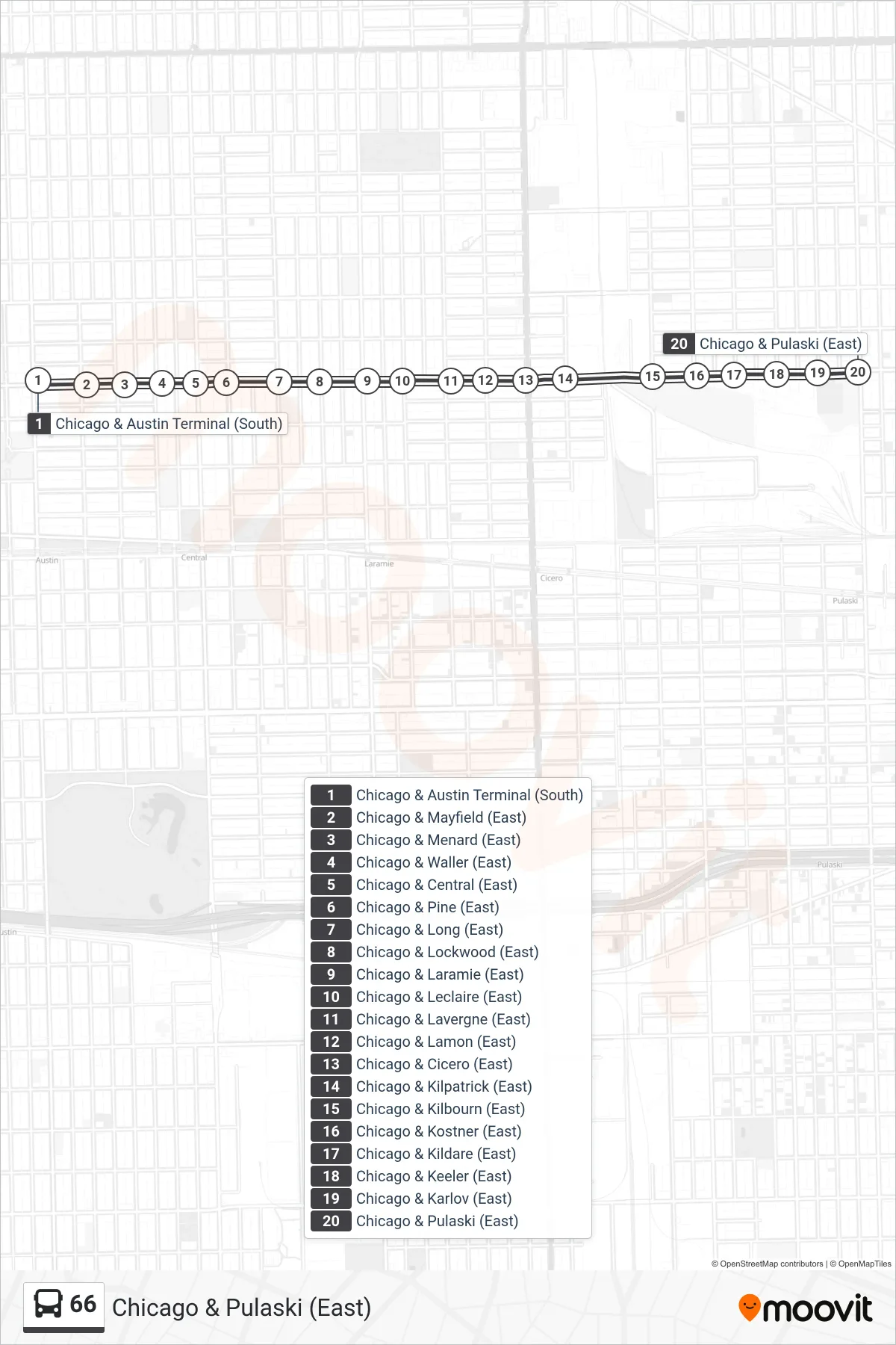 66 bus Line (Chicago & Pulaski (East)) route and stops on a map