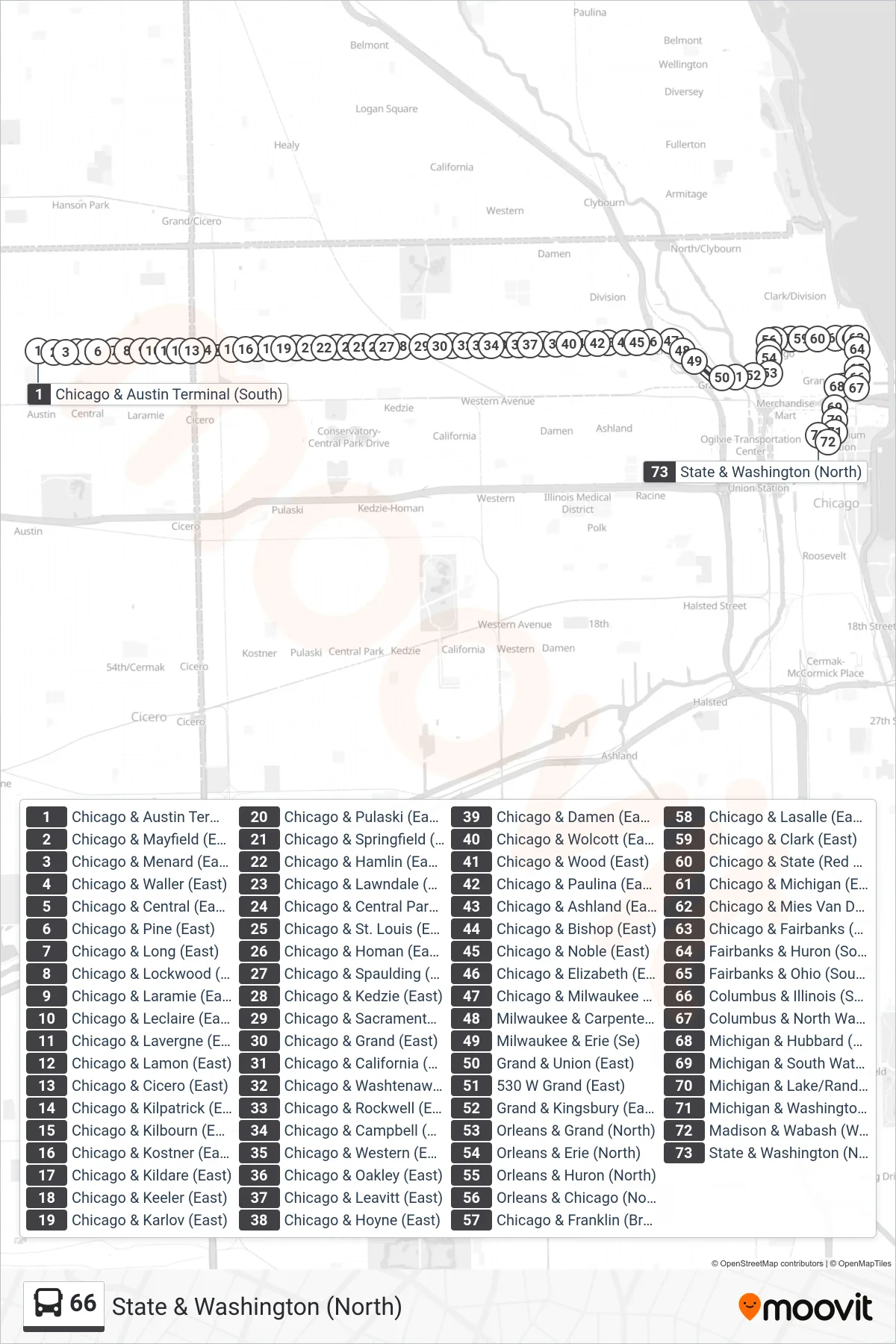 66 bus Line (State & Washington (North)) route and stops on a map