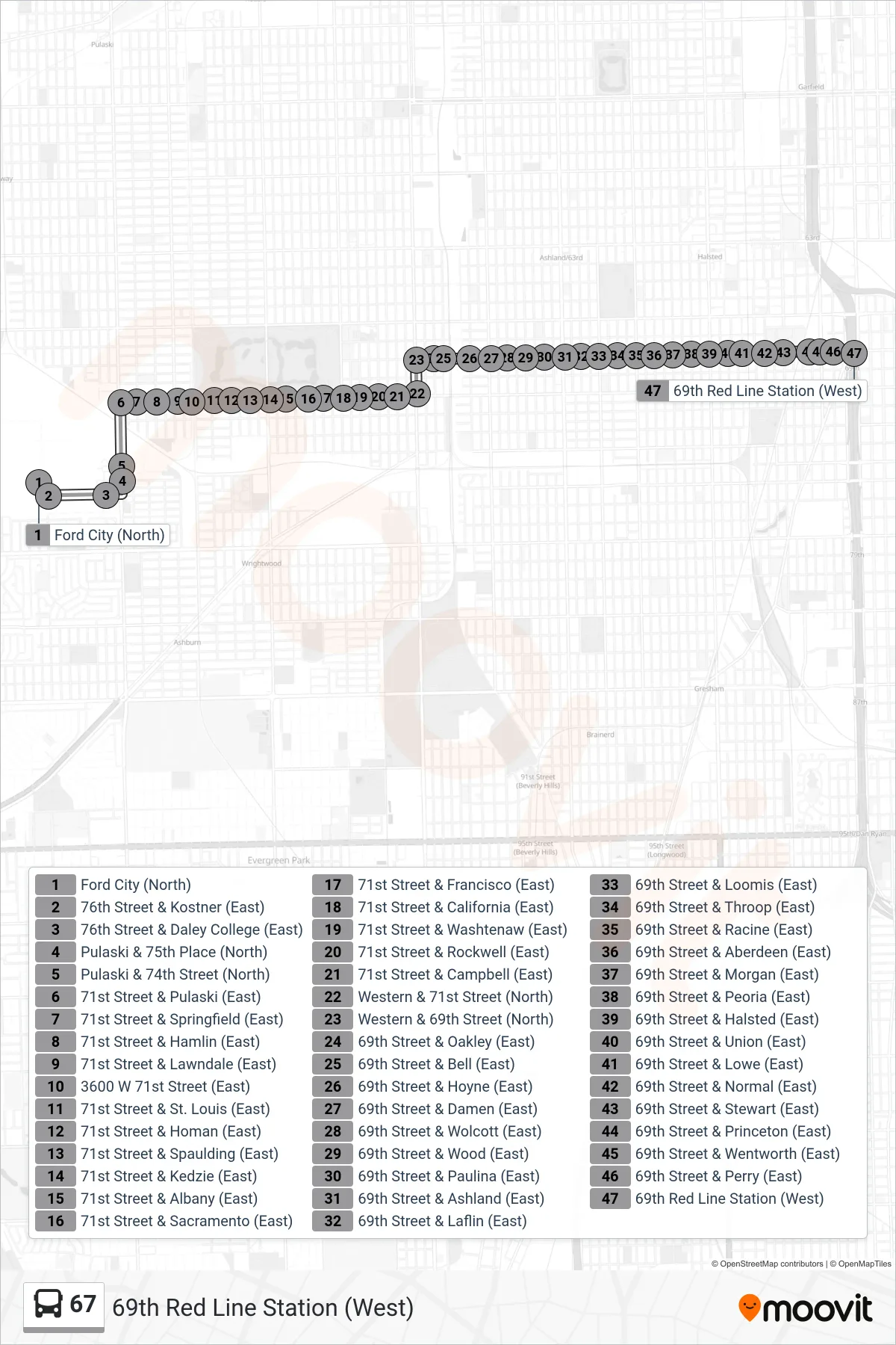 67 bus Line (69th Red Line Station (West)) route and stops on a map