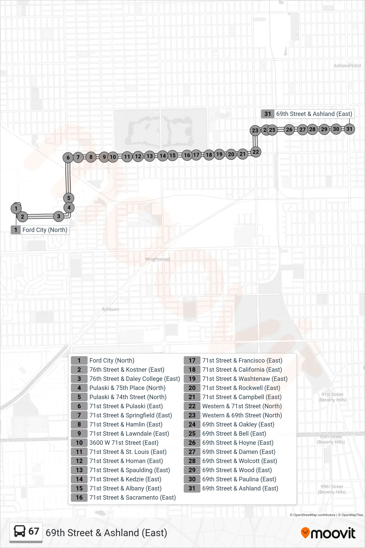 67 bus Line (69th Street & Ashland (East)) route and stops on a map