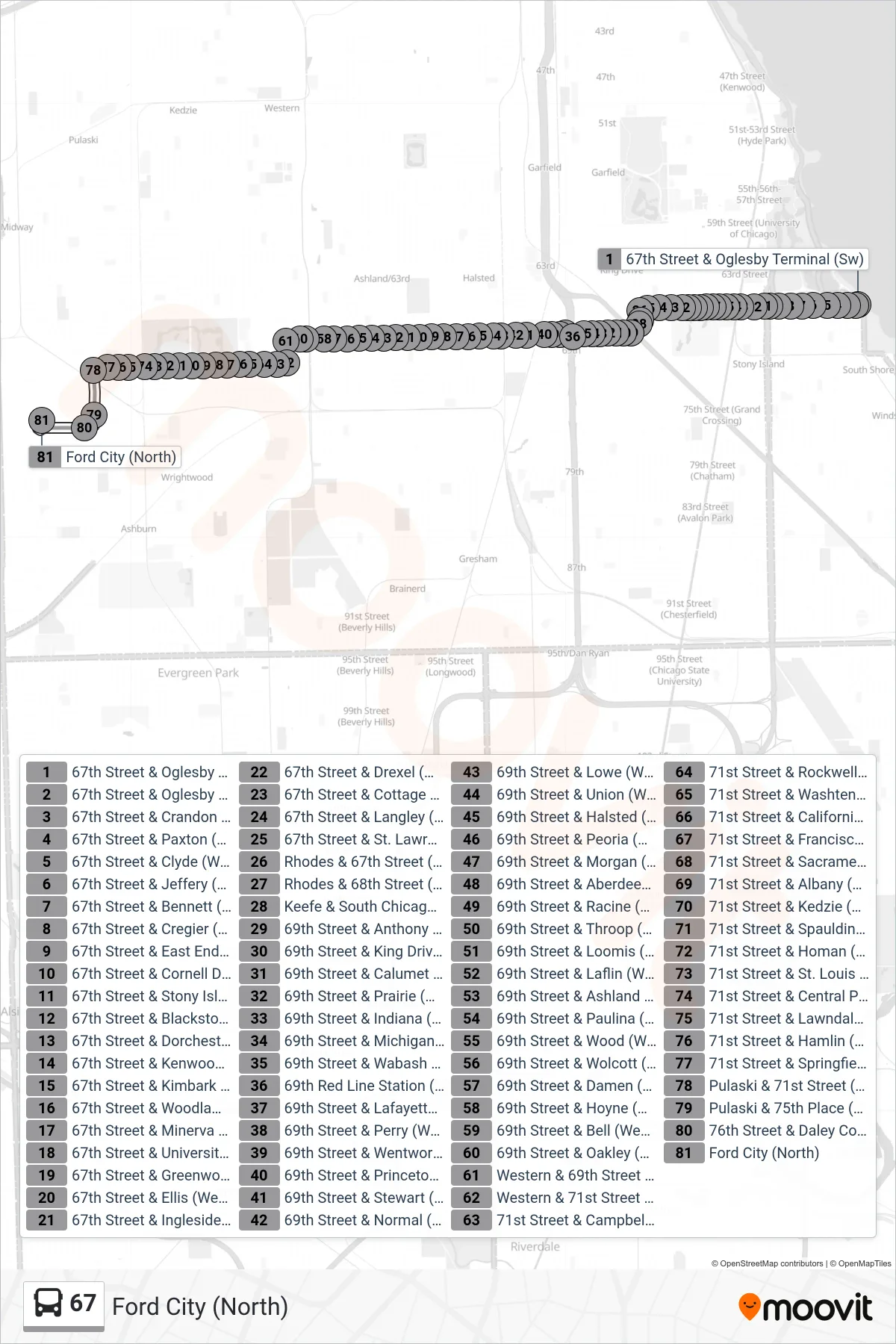 67 bus Line (Ford City (North)) route and stops on a map
