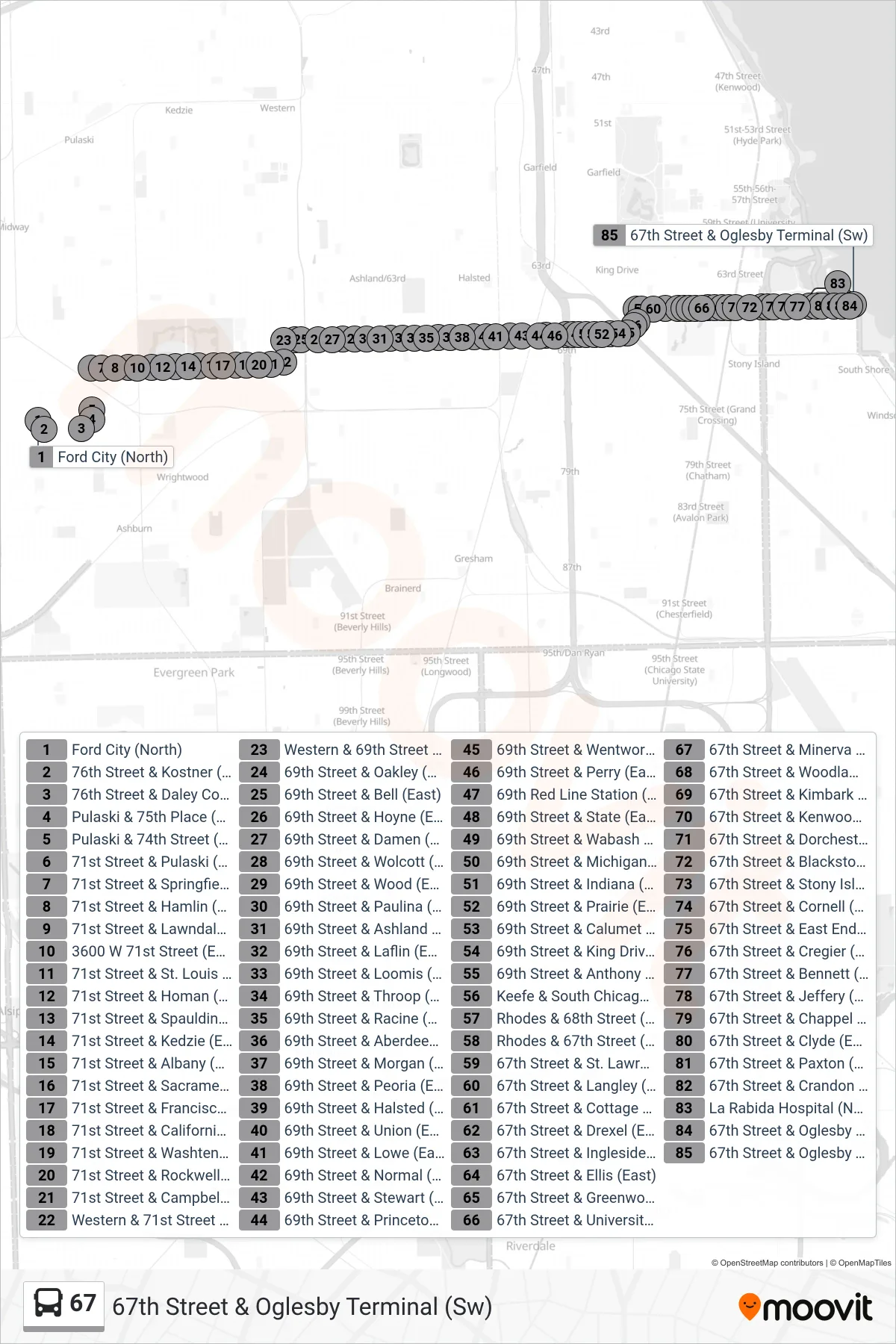 67 bus Line (67th Street & Oglesby Terminal (Sw)) route and stops on a map