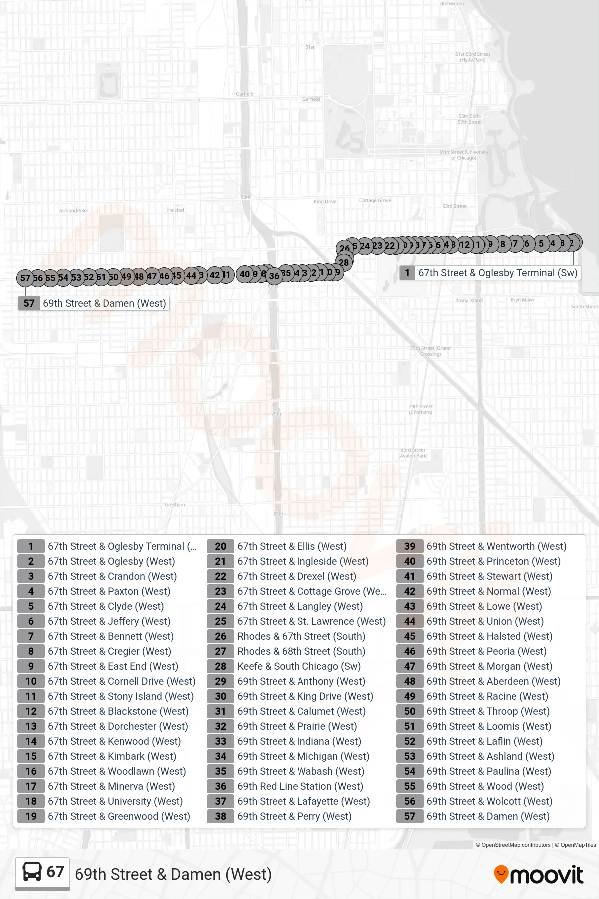 67 bus Line (69th Street & Damen (West)) route and stops on a map