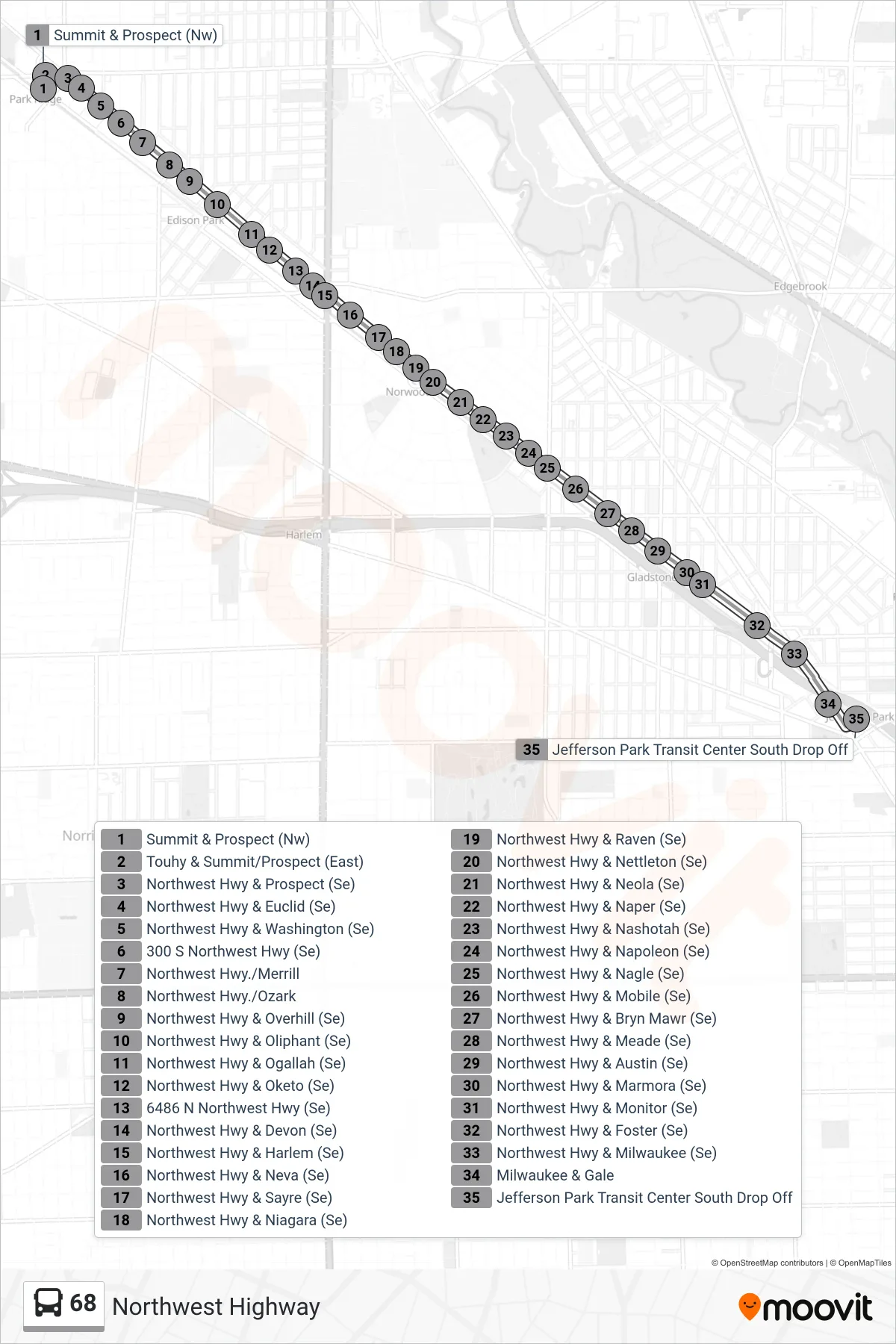 68 bus Line (Jefferson Park Transit Center (Sw)) route and stops on a map