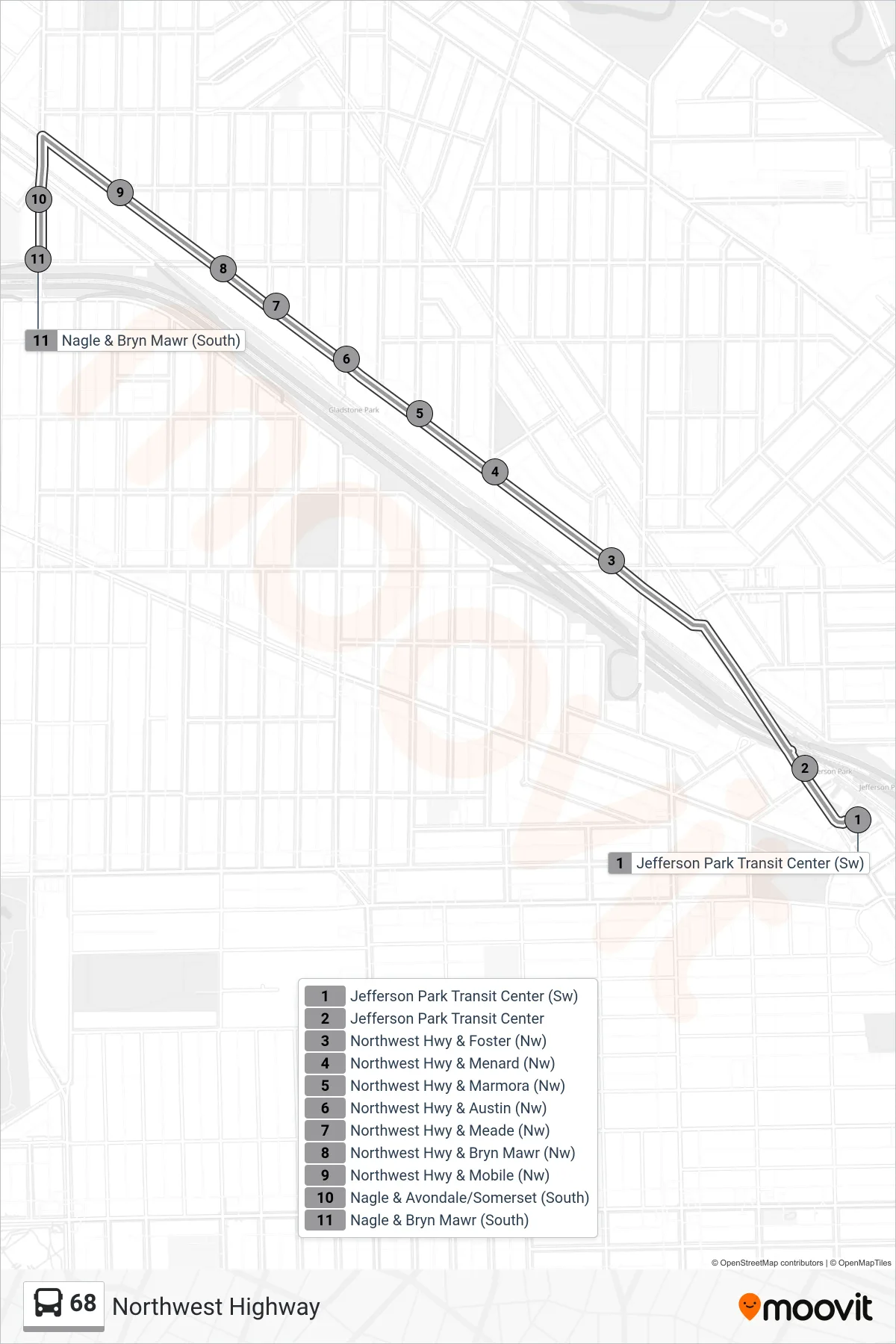 68 bus Line (Nagle & Bryn Mawr (South)) route and stops on a map