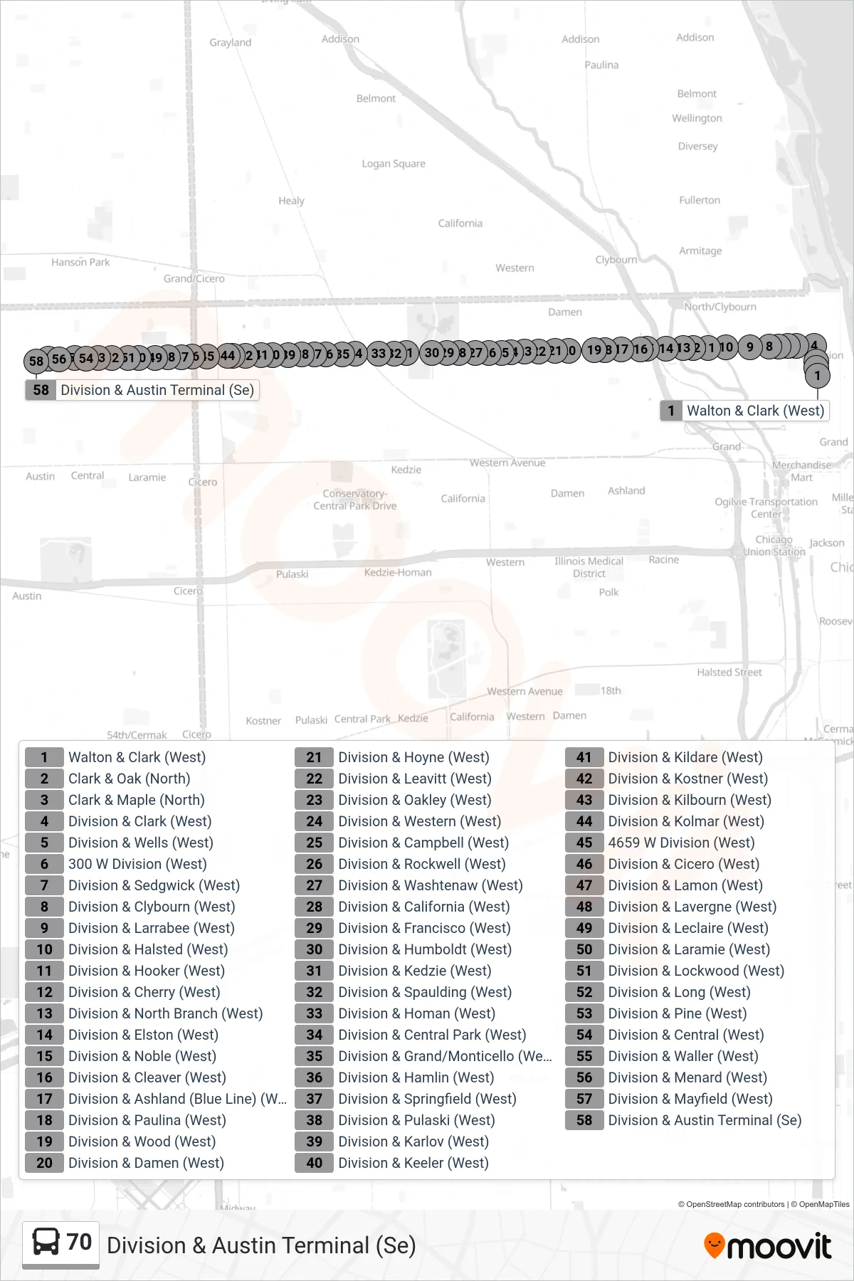 70 bus Line (Division & Austin Terminal (Se)) route and stops on a map