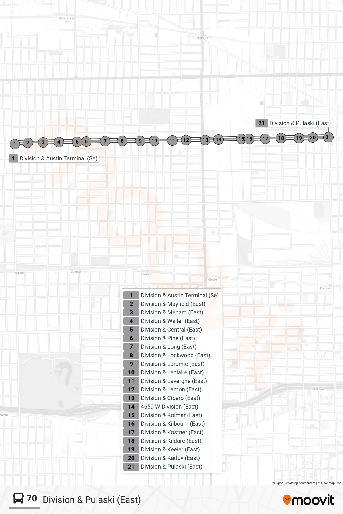 70 bus Line (Division & Pulaski (East)) route and stops on a map