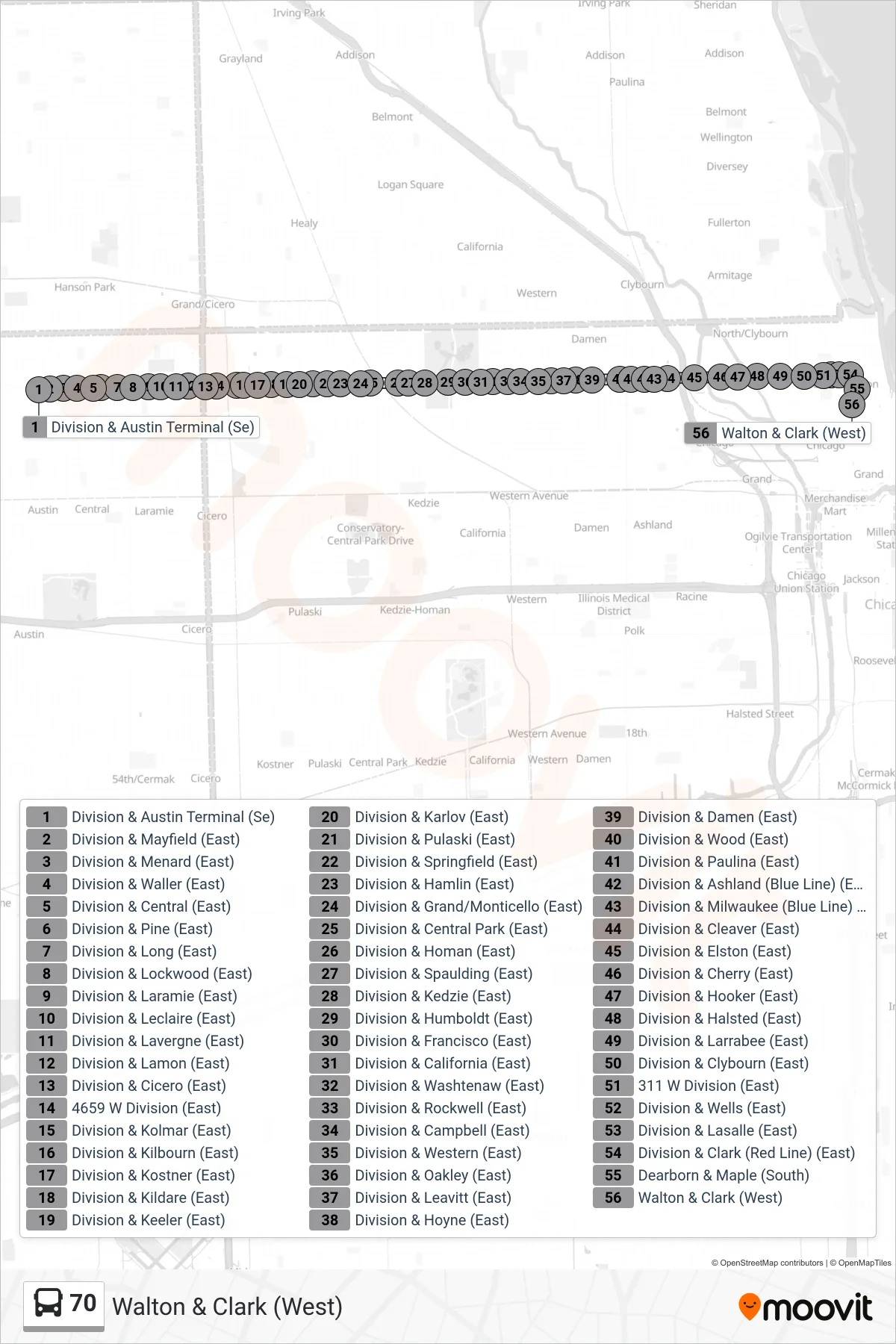 70 bus Line (Walton & Clark (West)) route and stops on a map