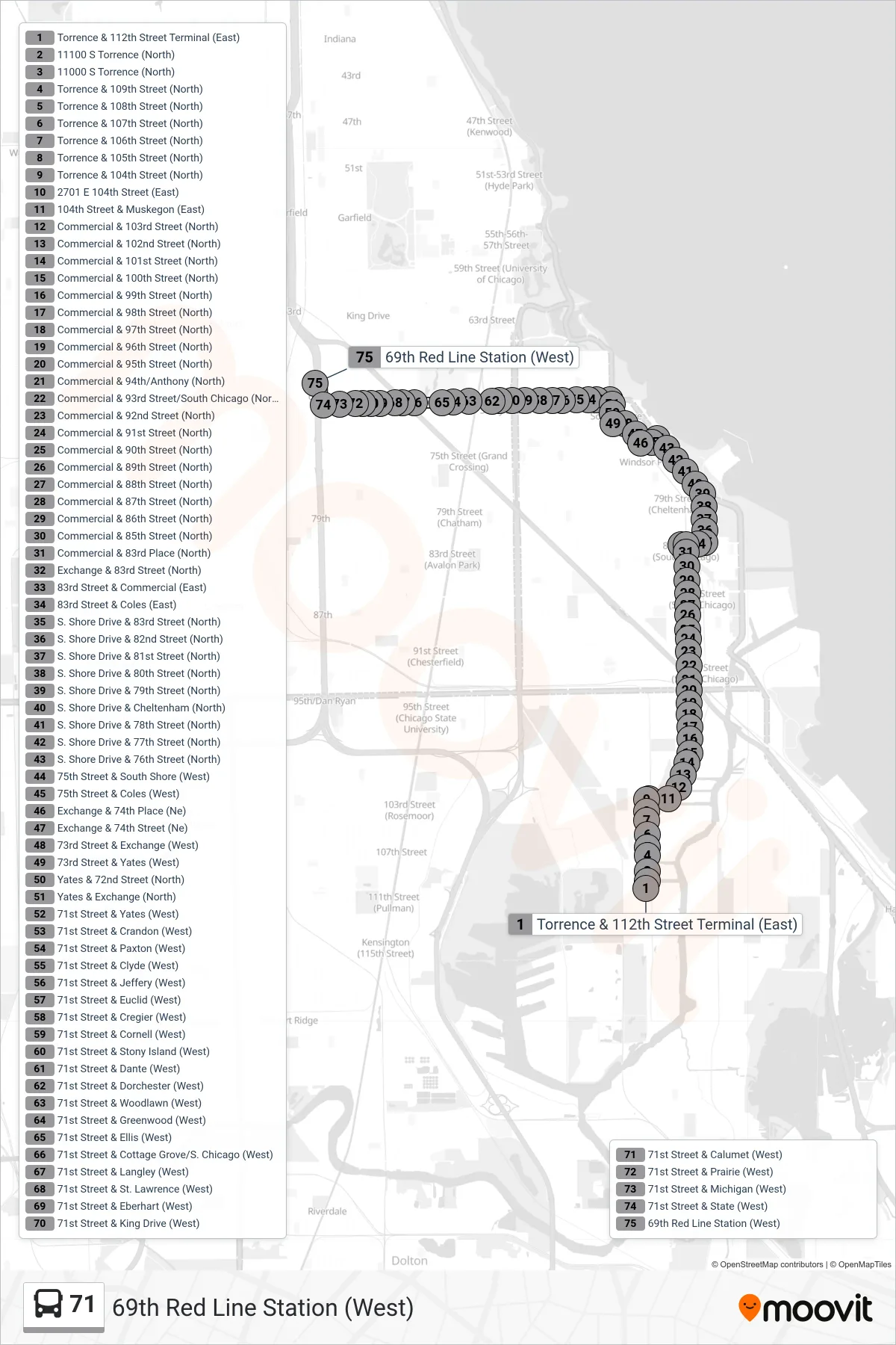 71 bus Line (69th Red Line Station (West)) route and stops on a map