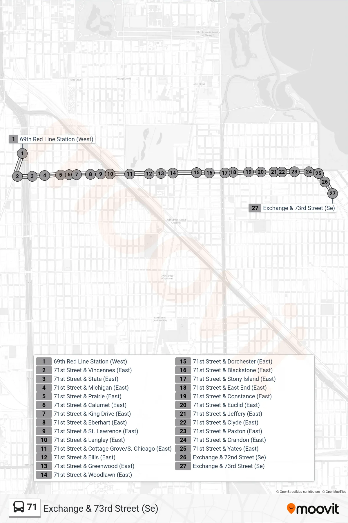 71 bus Line (Exchange & 73rd Street (Se)) route and stops on a map