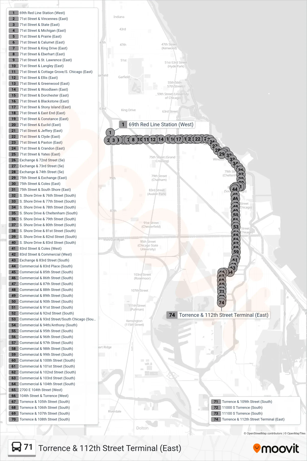 71 bus Line (Torrence & 112th Street Terminal (East)) route and stops on a map
