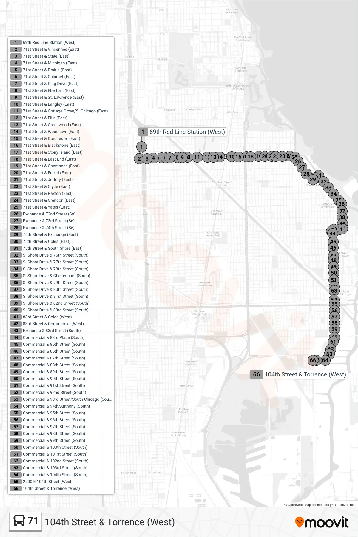 71 bus Line (104th Street & Torrence (West)) route and stops on a map