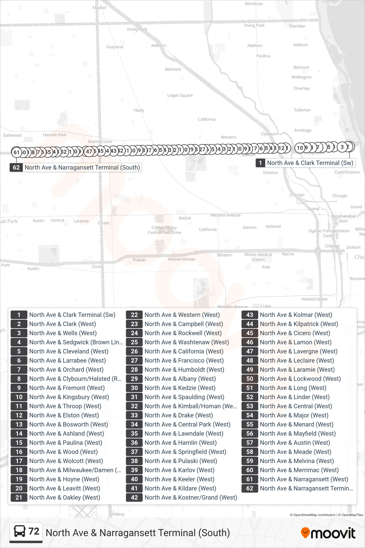 72 bus Line (North Ave & Narragansett Terminal (South)) route and stops on a map