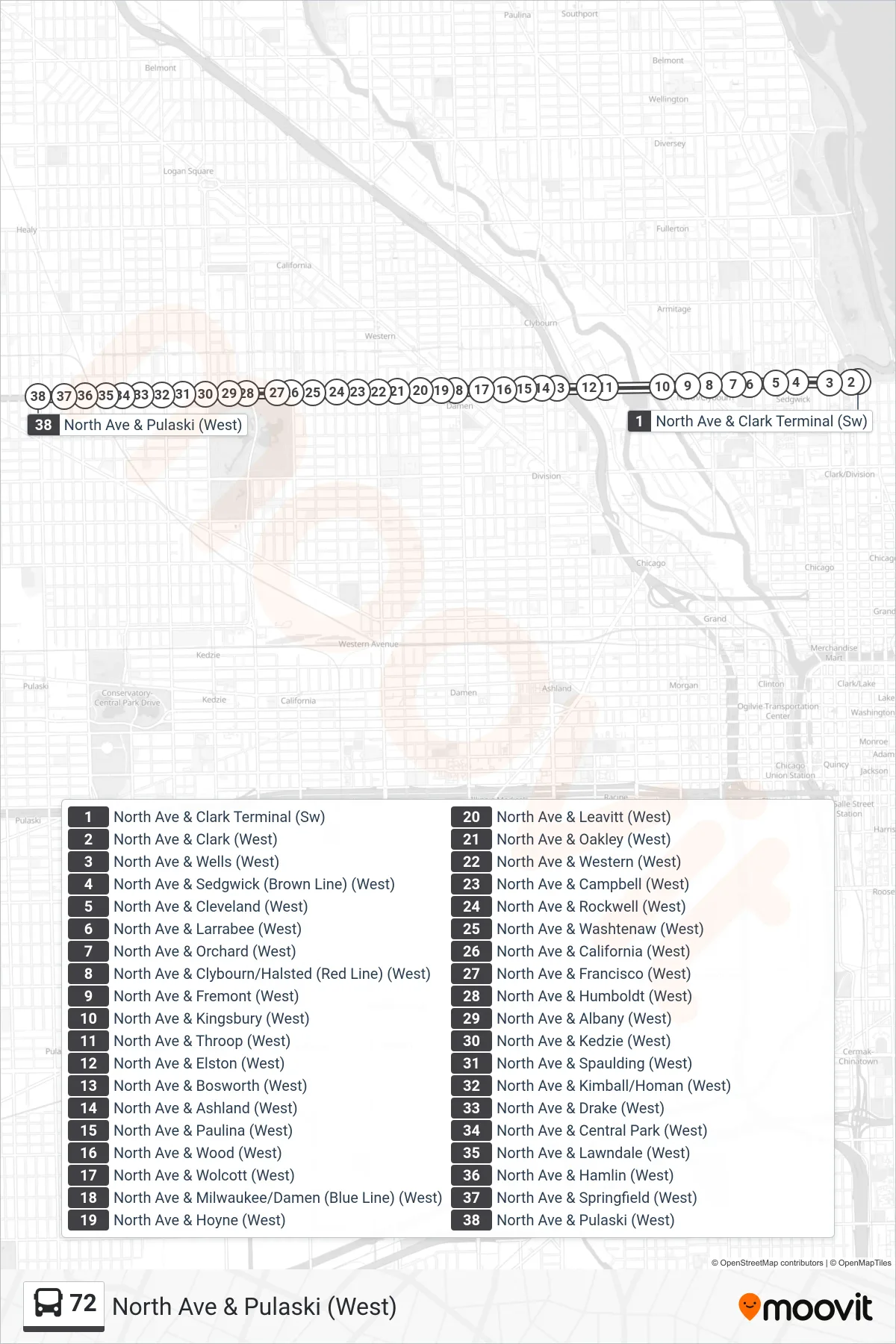 72 bus Line (North Ave & Pulaski (West)) route and stops on a map