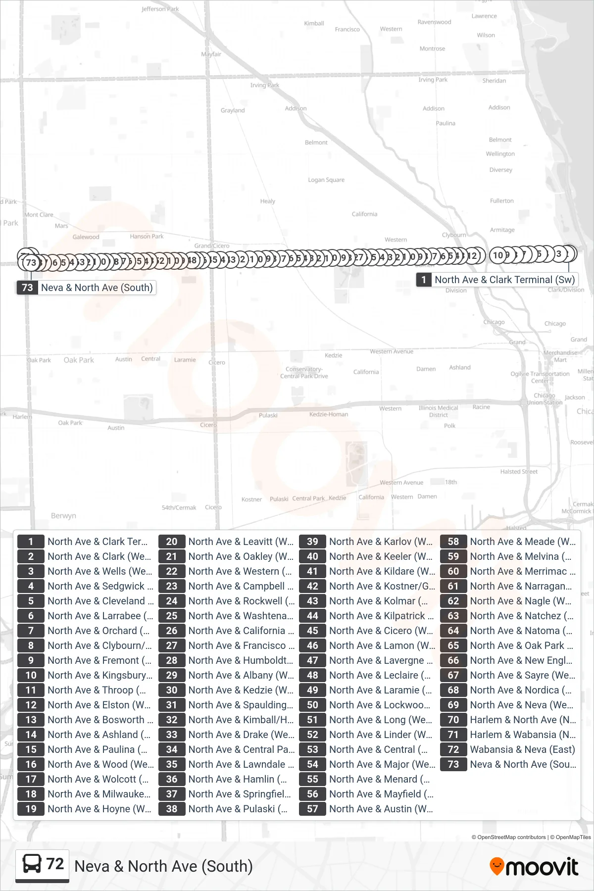 72 bus Line (Neva & North Ave (South)) route and stops on a map