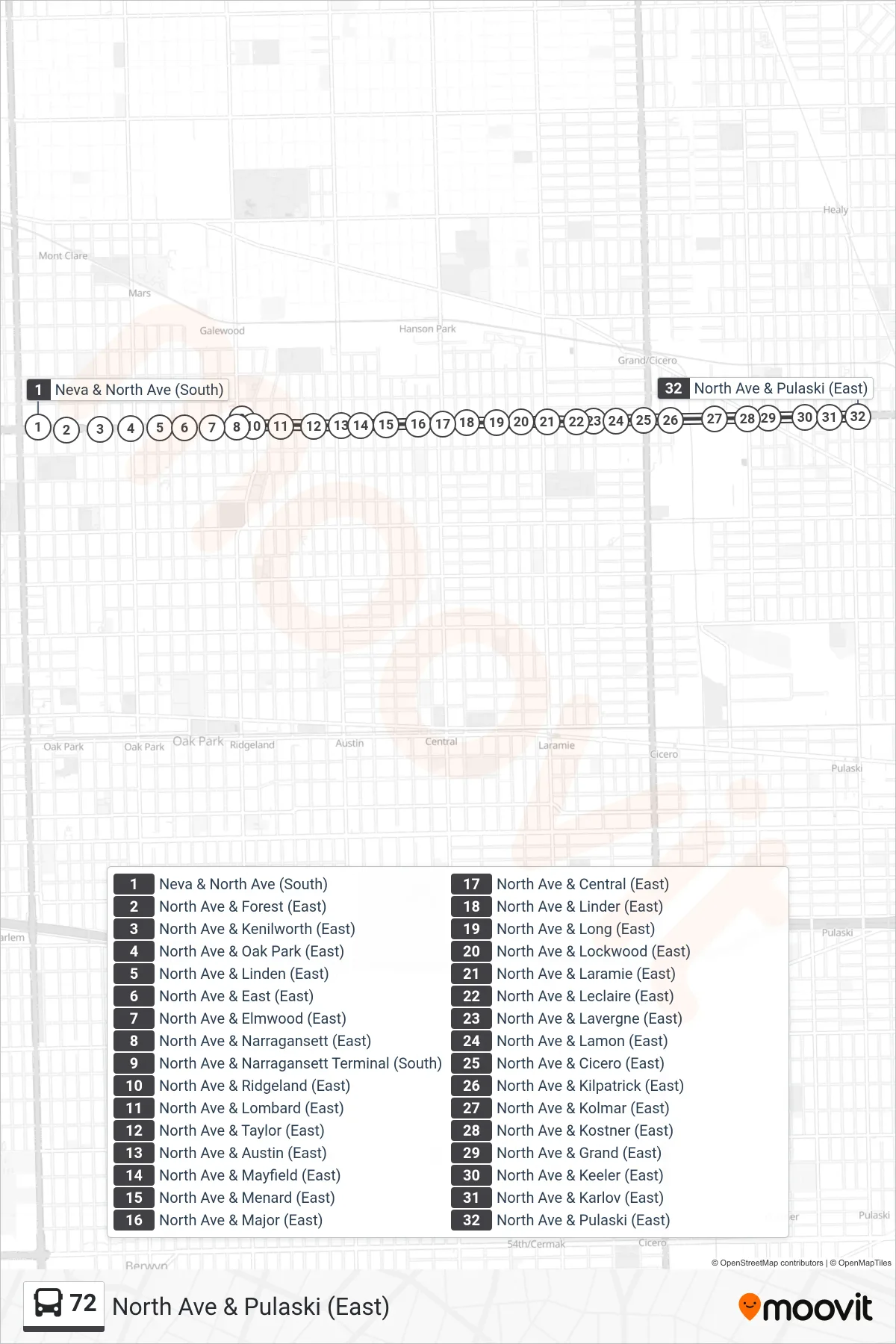 72 bus Line (North Ave & Pulaski (East)) route and stops on a map