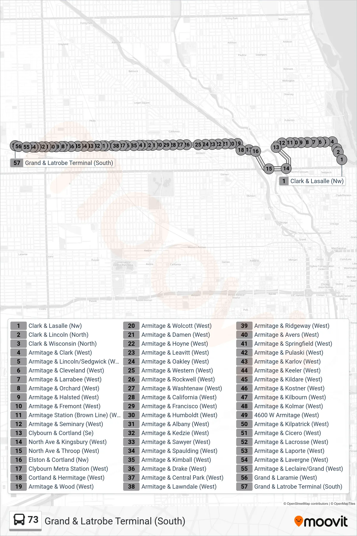73 bus Line (Grand & Latrobe Terminal (South)) route and stops on a map