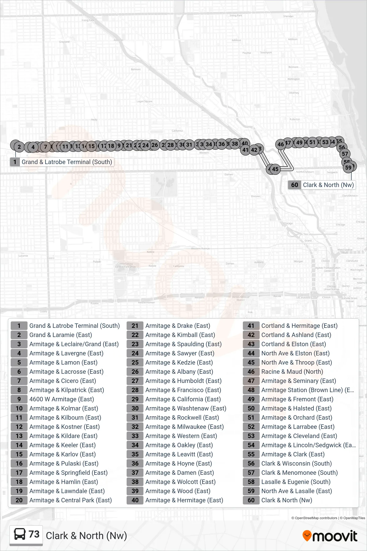 73 bus Line (Clark & North (Nw)) route and stops on a map