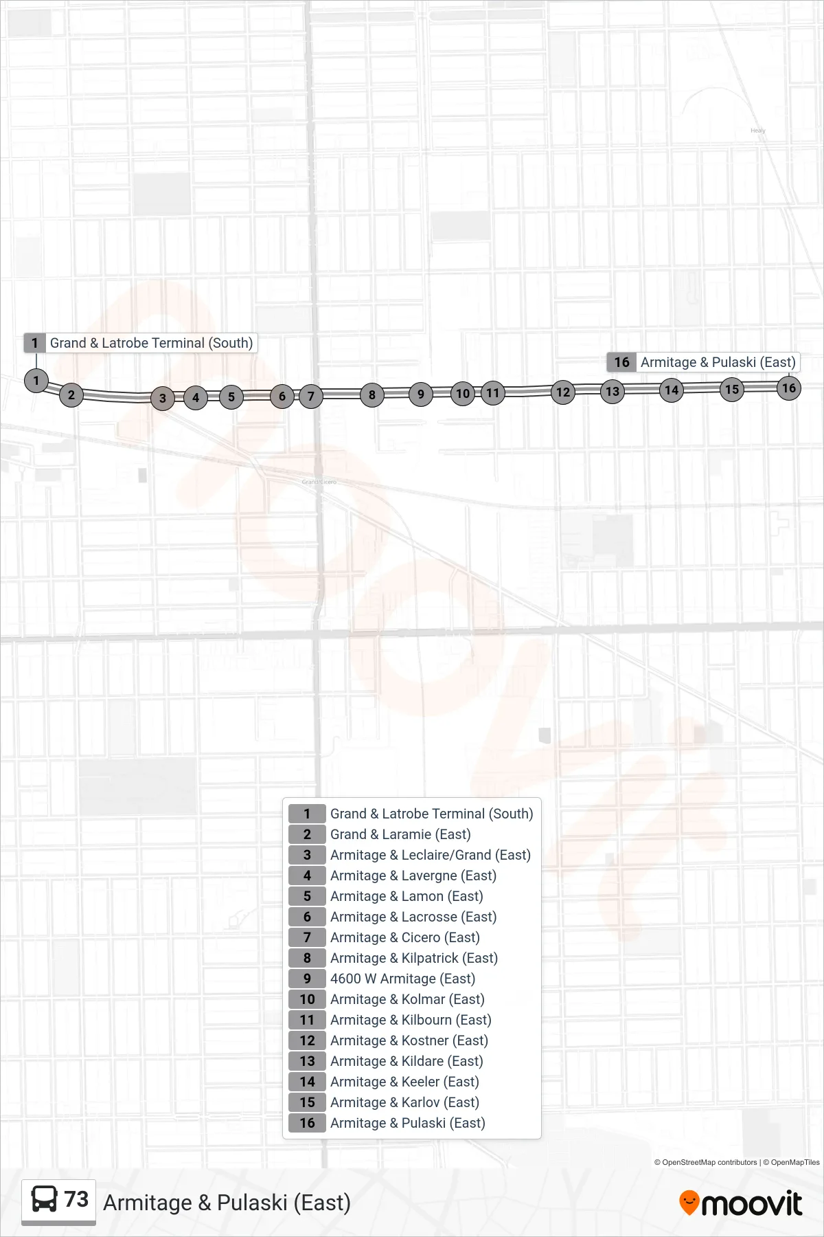 73 bus Line (Armitage & Pulaski (East)) route and stops on a map