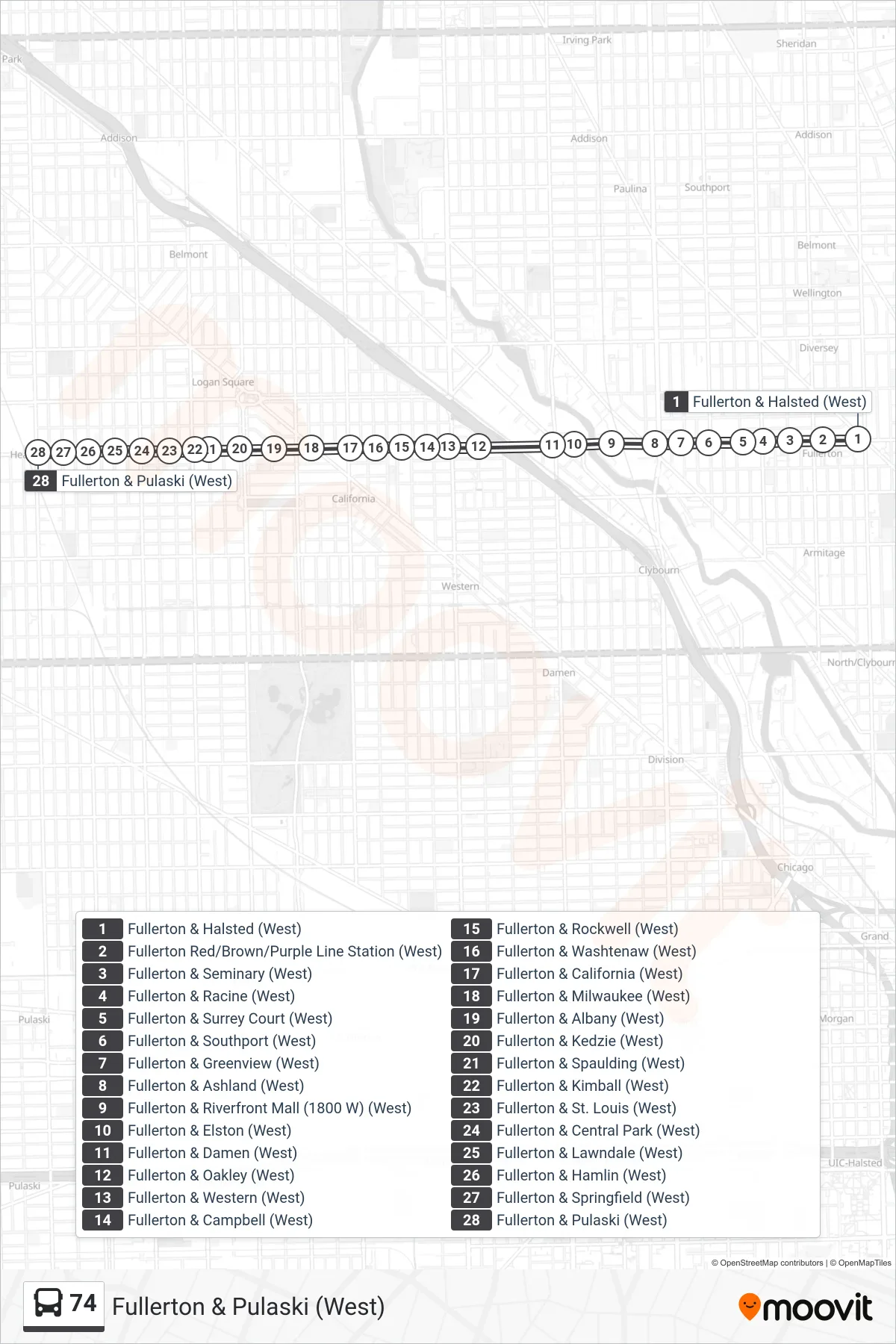74 bus Line (Fullerton & Pulaski (West)) route and stops on a map